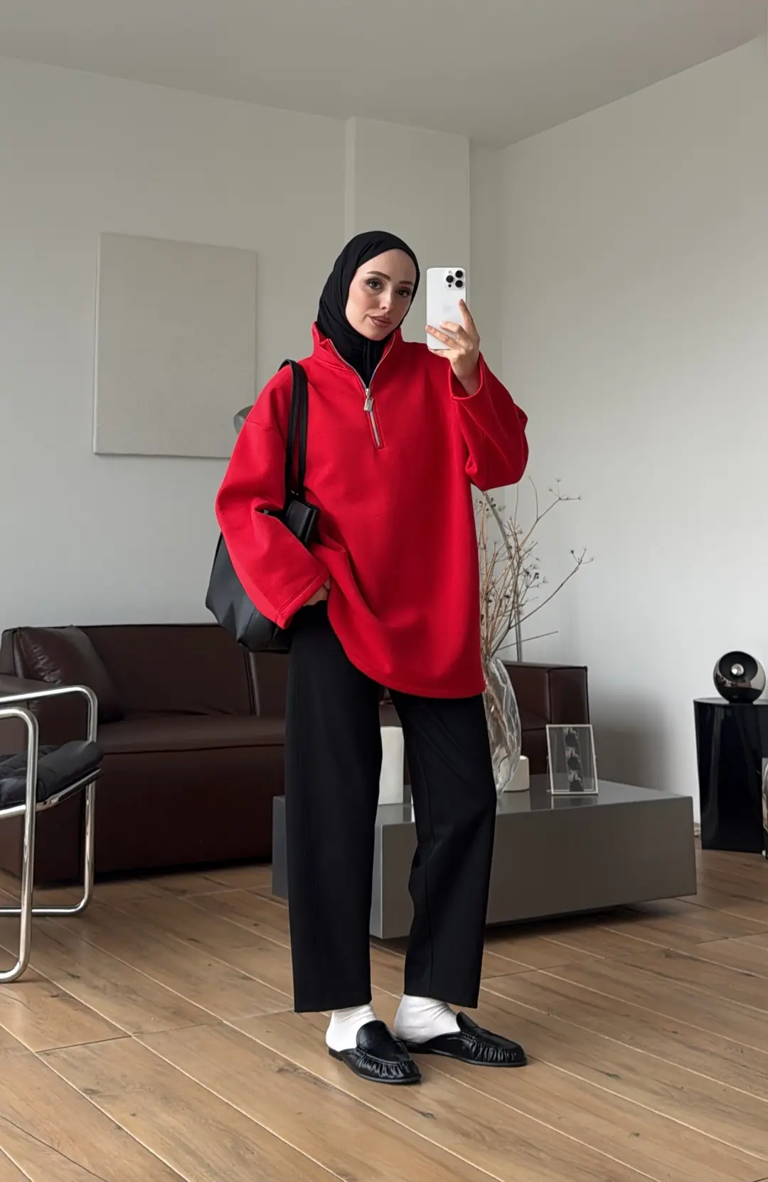 Yarım Fermuarlı Sweatshırt Kırmızı