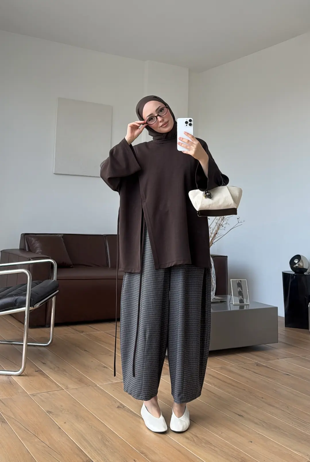 Yan Biye Bağlamalı Tunik Kahve