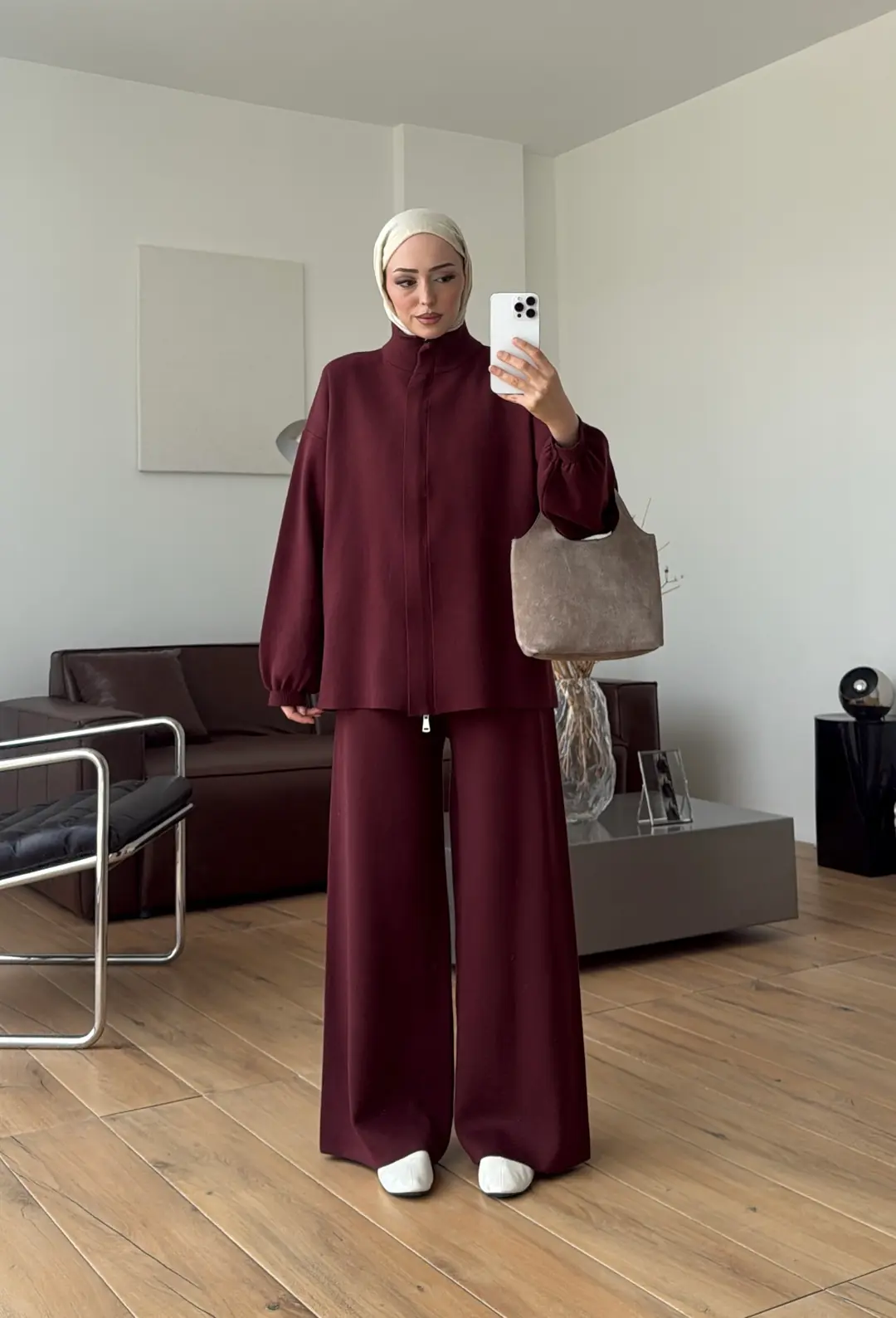 Çift Fermuarlı Tok Kumaş Triko Takım Bordo