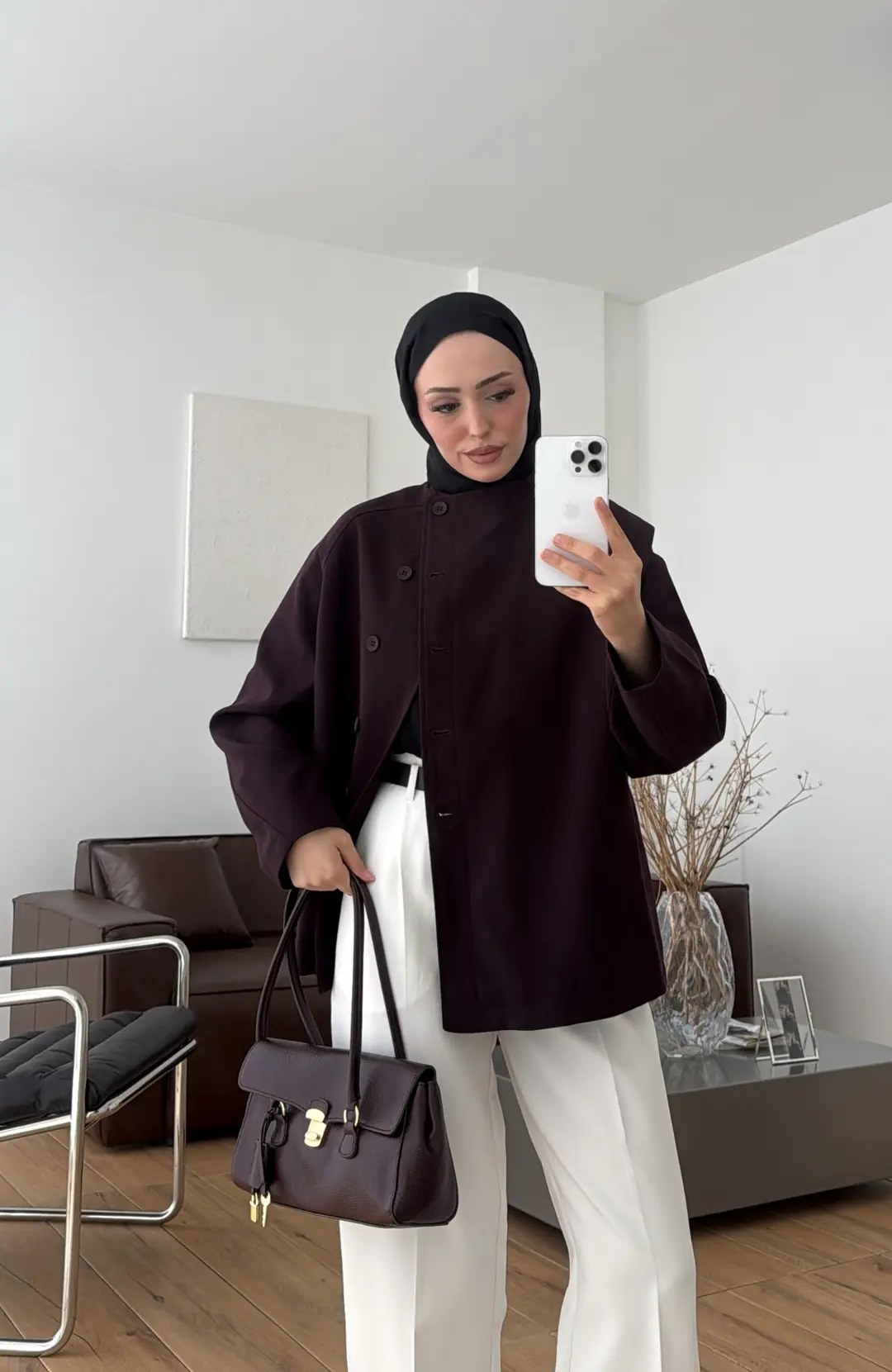 Bağcıklı Dik Yaka Ceket Mürdüm