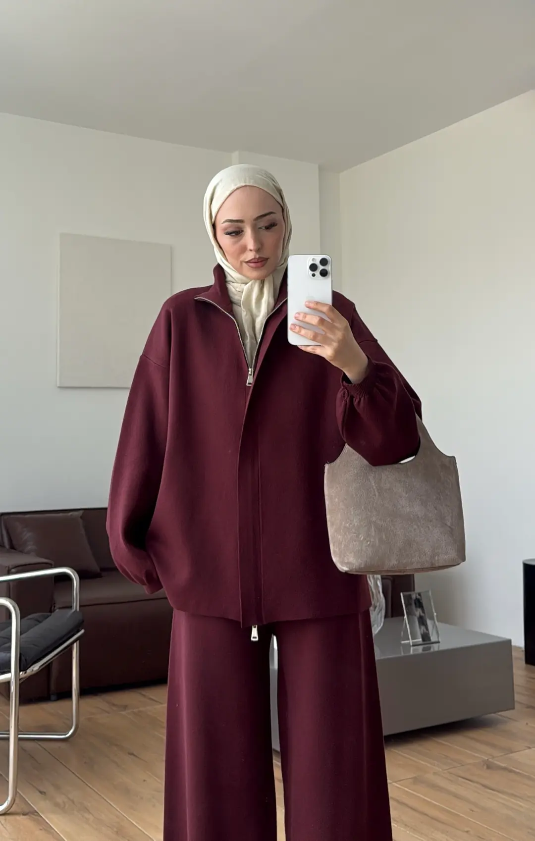 Çift Fermuarlı Tok Kumaş Triko Takım Bordo