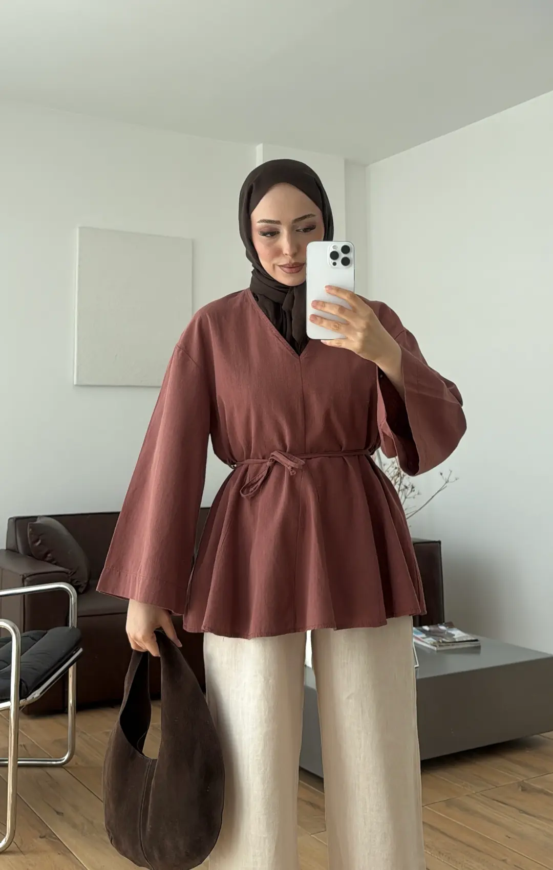 Volanlı Belden İpli Tunik Kiremit