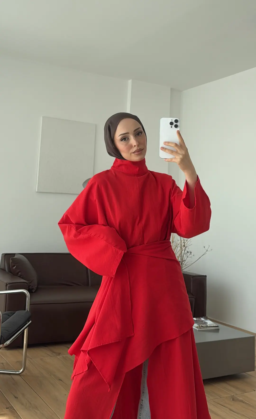 Sofia Yırtmaçlı Keten Tunik Kırmızı 