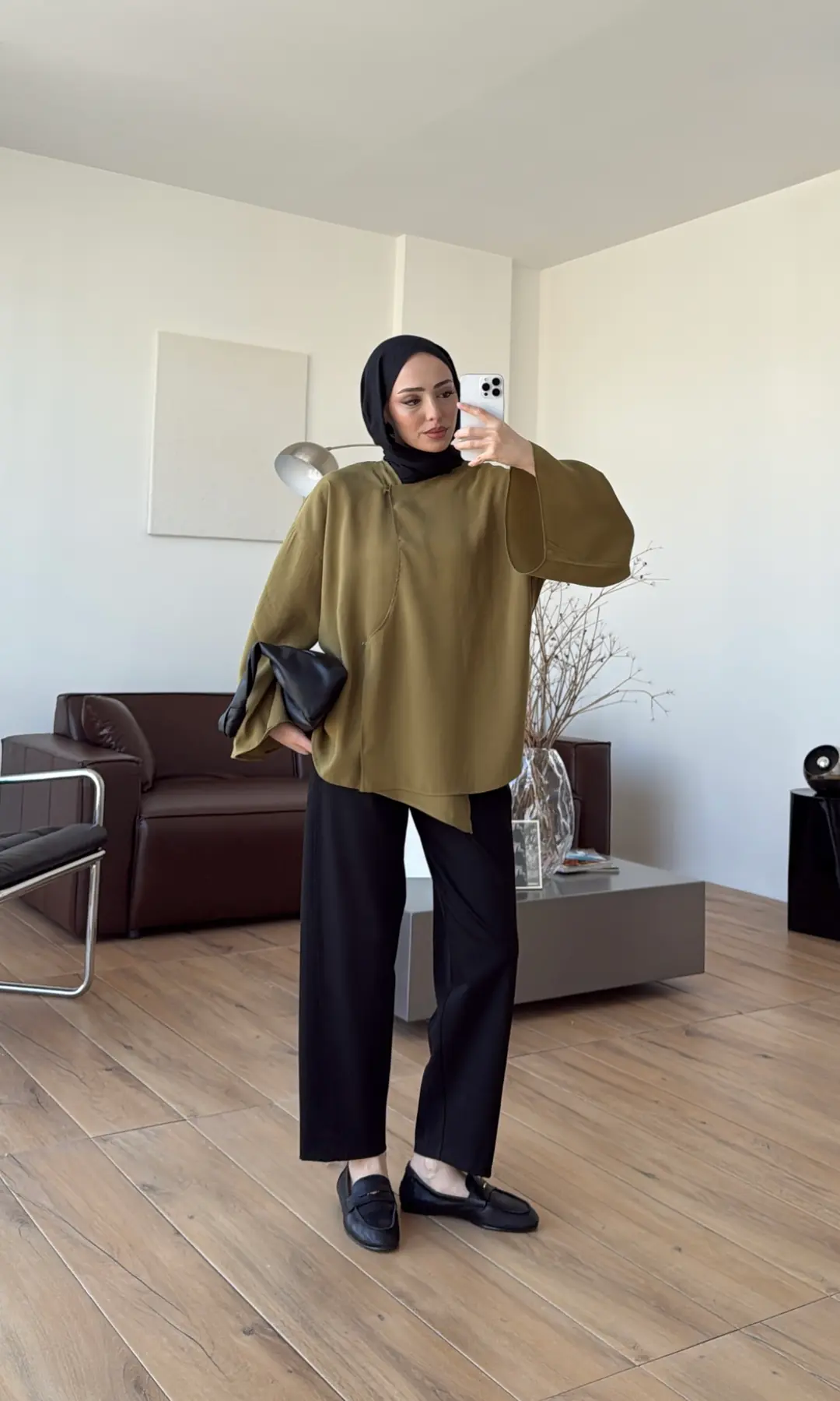 Asimetrik Kesim Bluz Yağ Yeşili