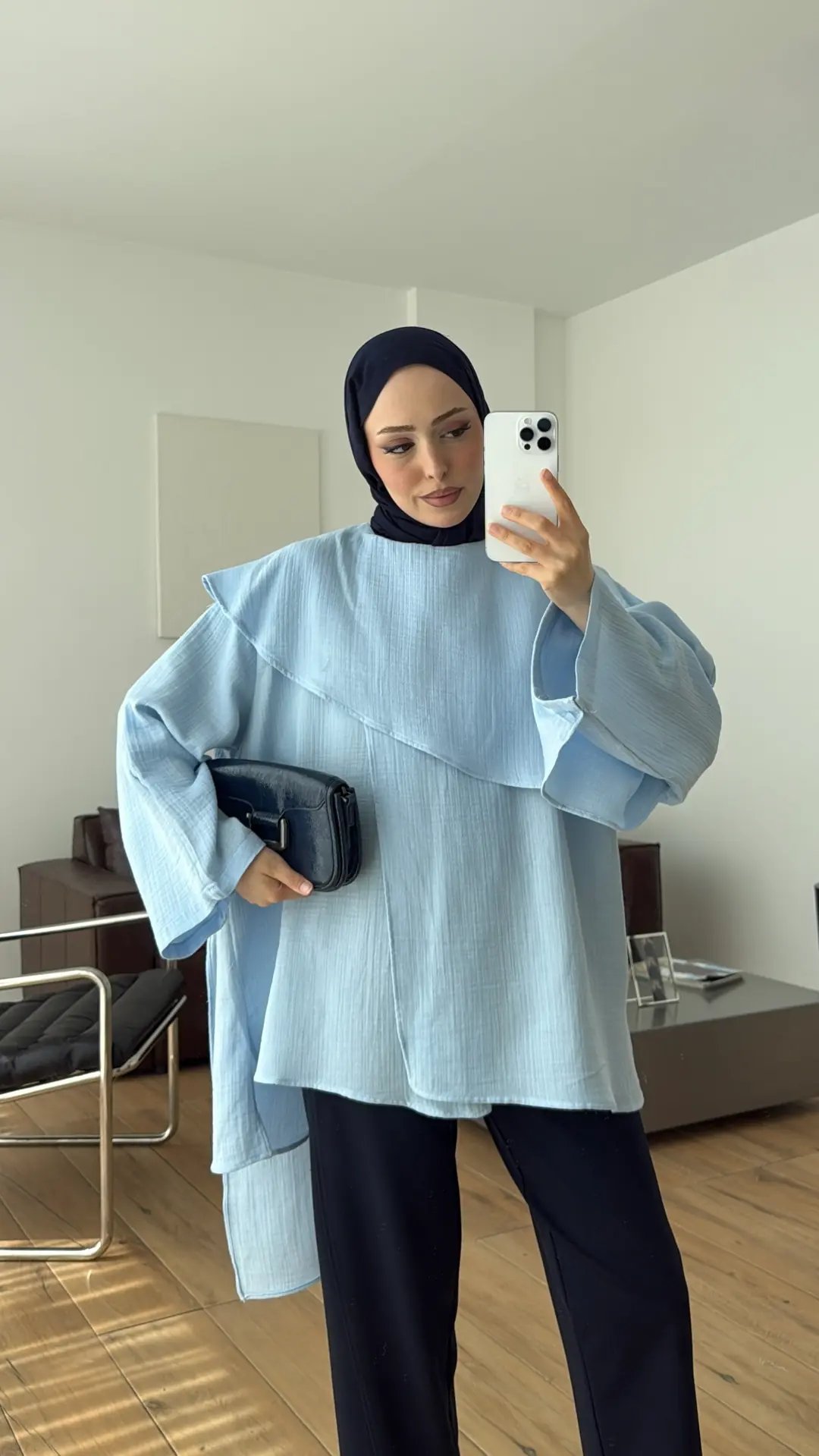 Şal Detaylı Müslin Bluz Mavi