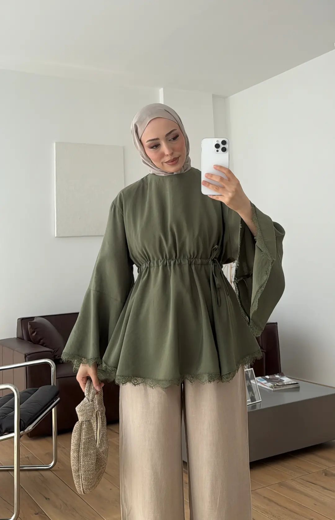 Lace Bel Detay Tunik Haki
