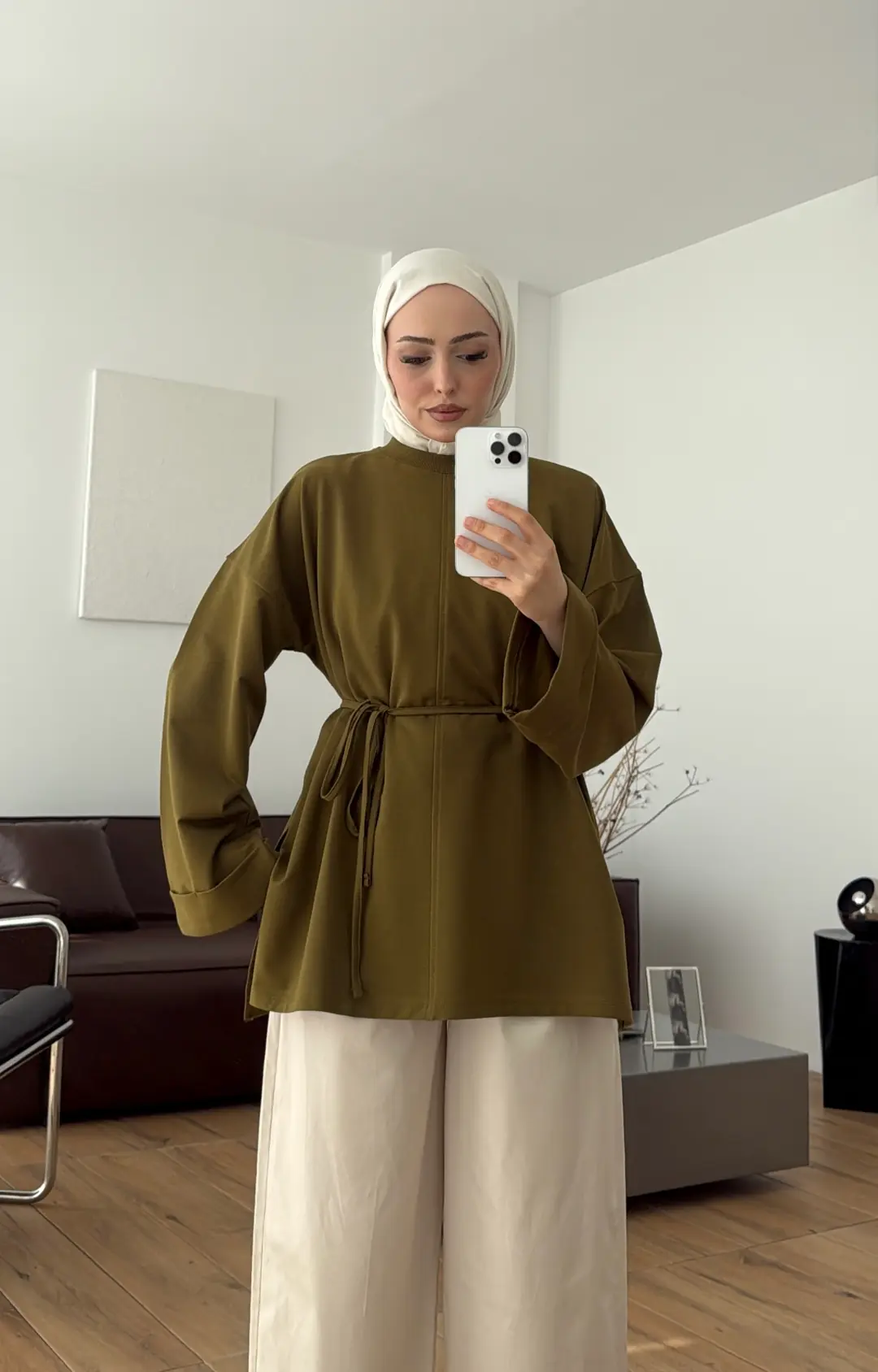 Bağlamalı Yanı Yırtmaç Detay Sweatshırt Olive