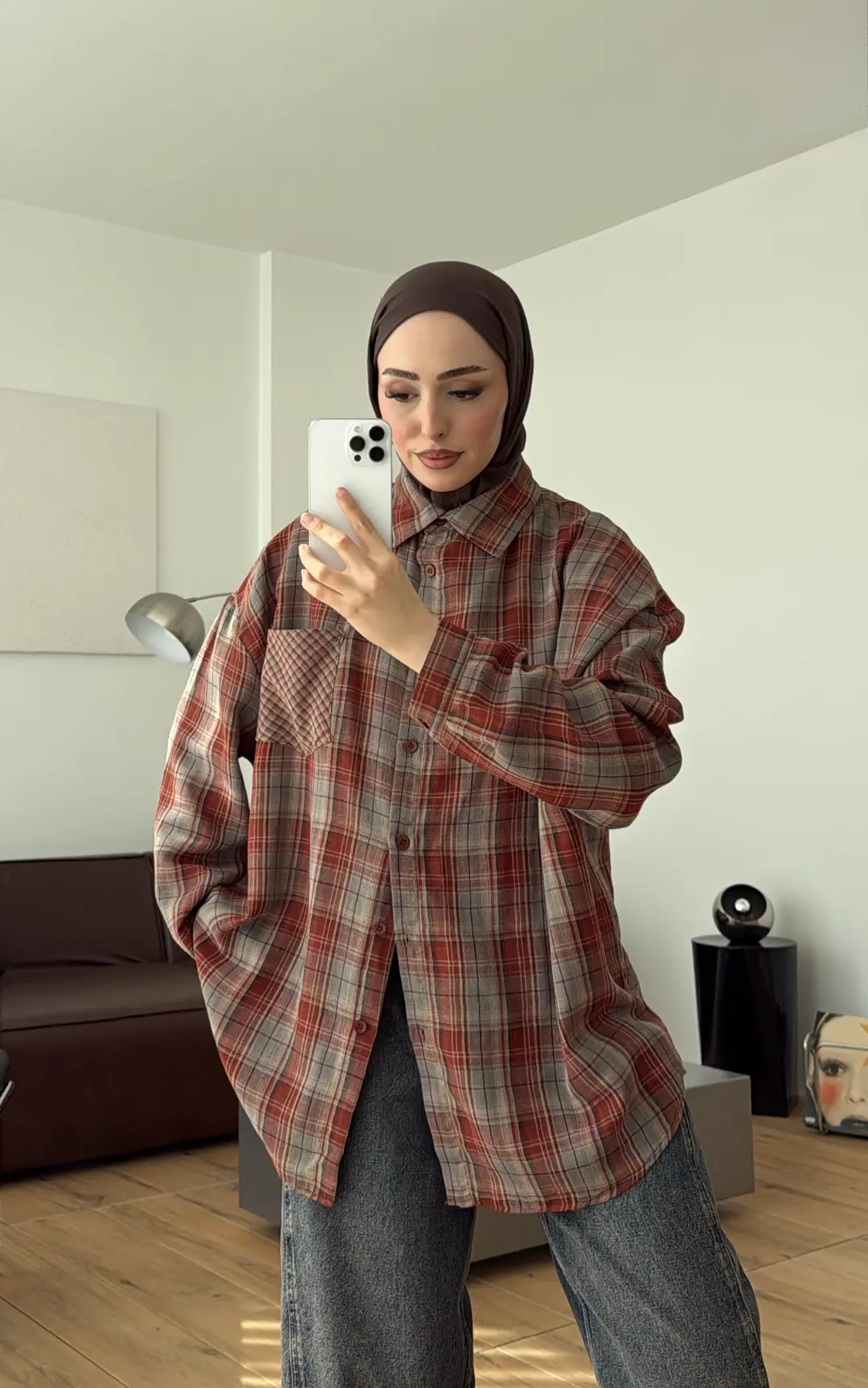 Ekose Oversize Gömlek Kiremit