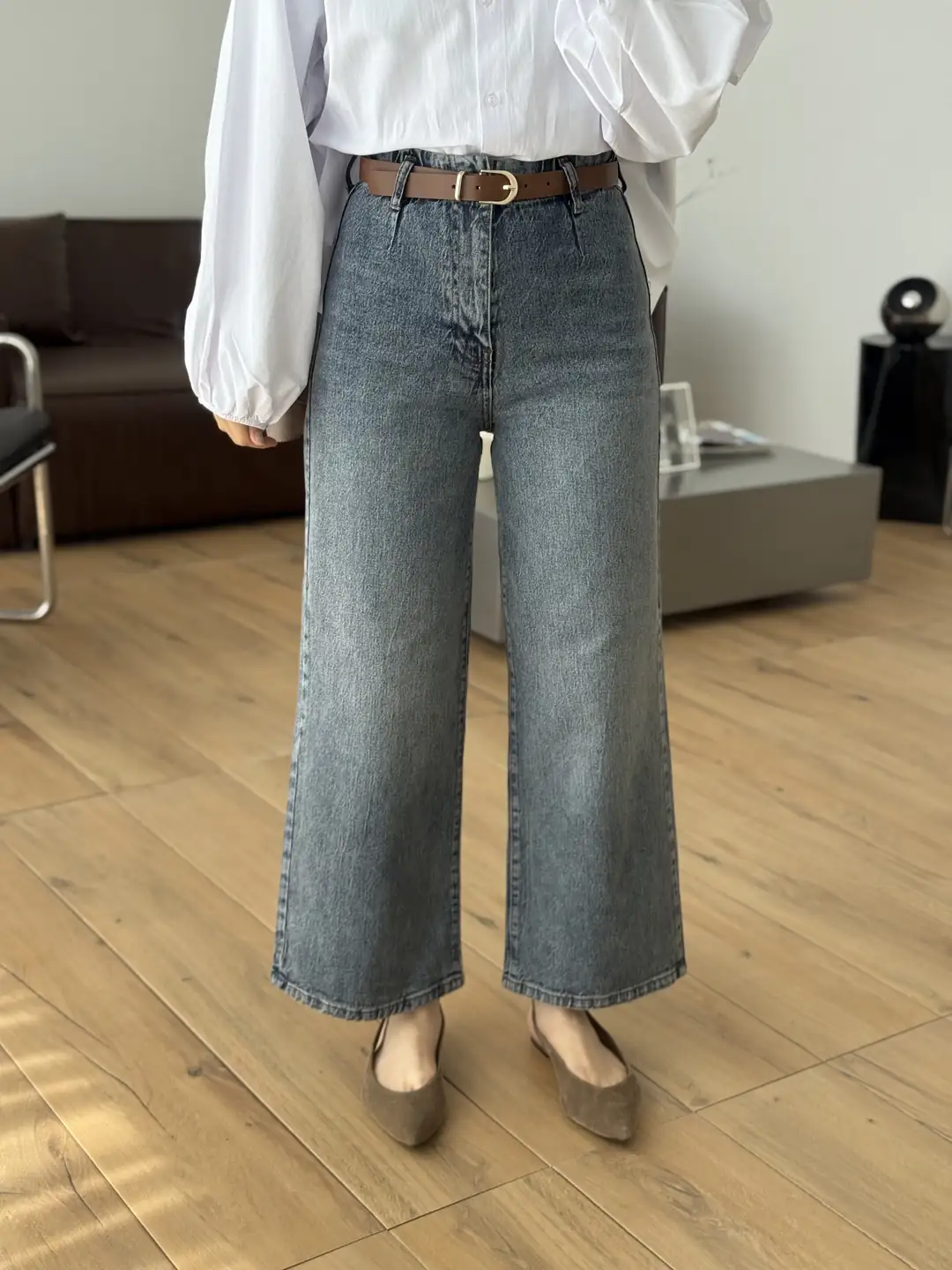 Kahve Kemerli Eskitme Jean