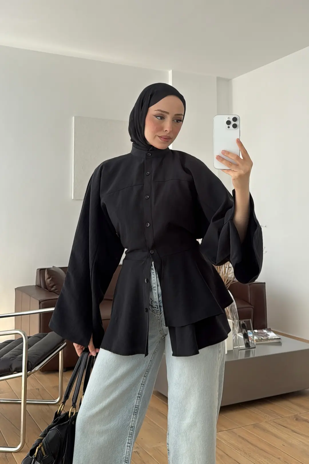 Parçalı Geniş Kol Bluz Siyah