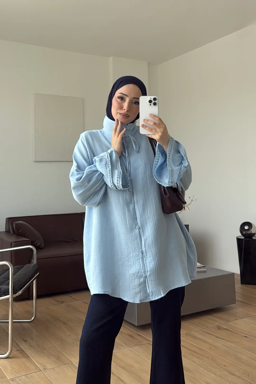 Hakim Yaka Kol Detay Müslin Gömlek Mavi