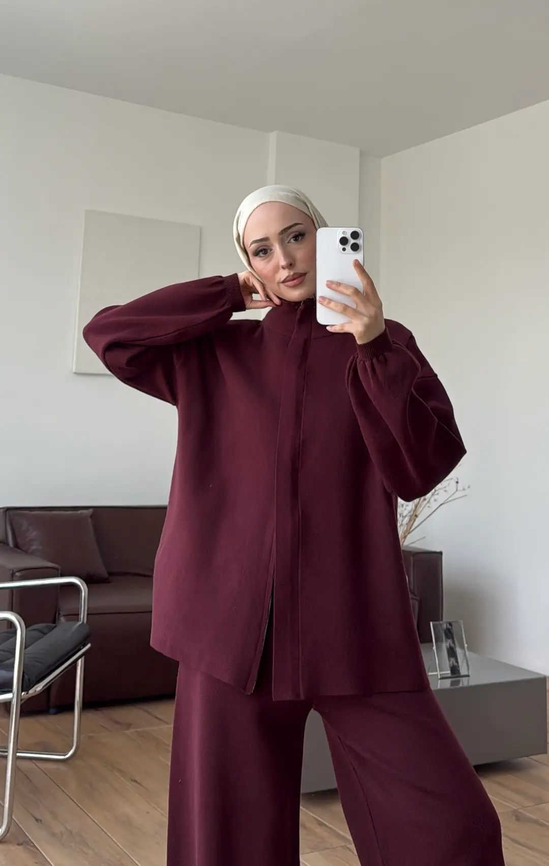 Çift Fermuarlı Tok Kumaş Triko Takım Bordo