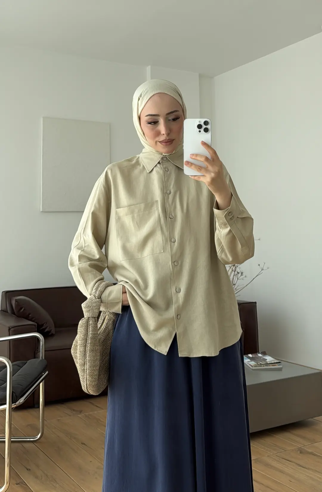 Sedef Düğmeli Keten Gömlek Bej