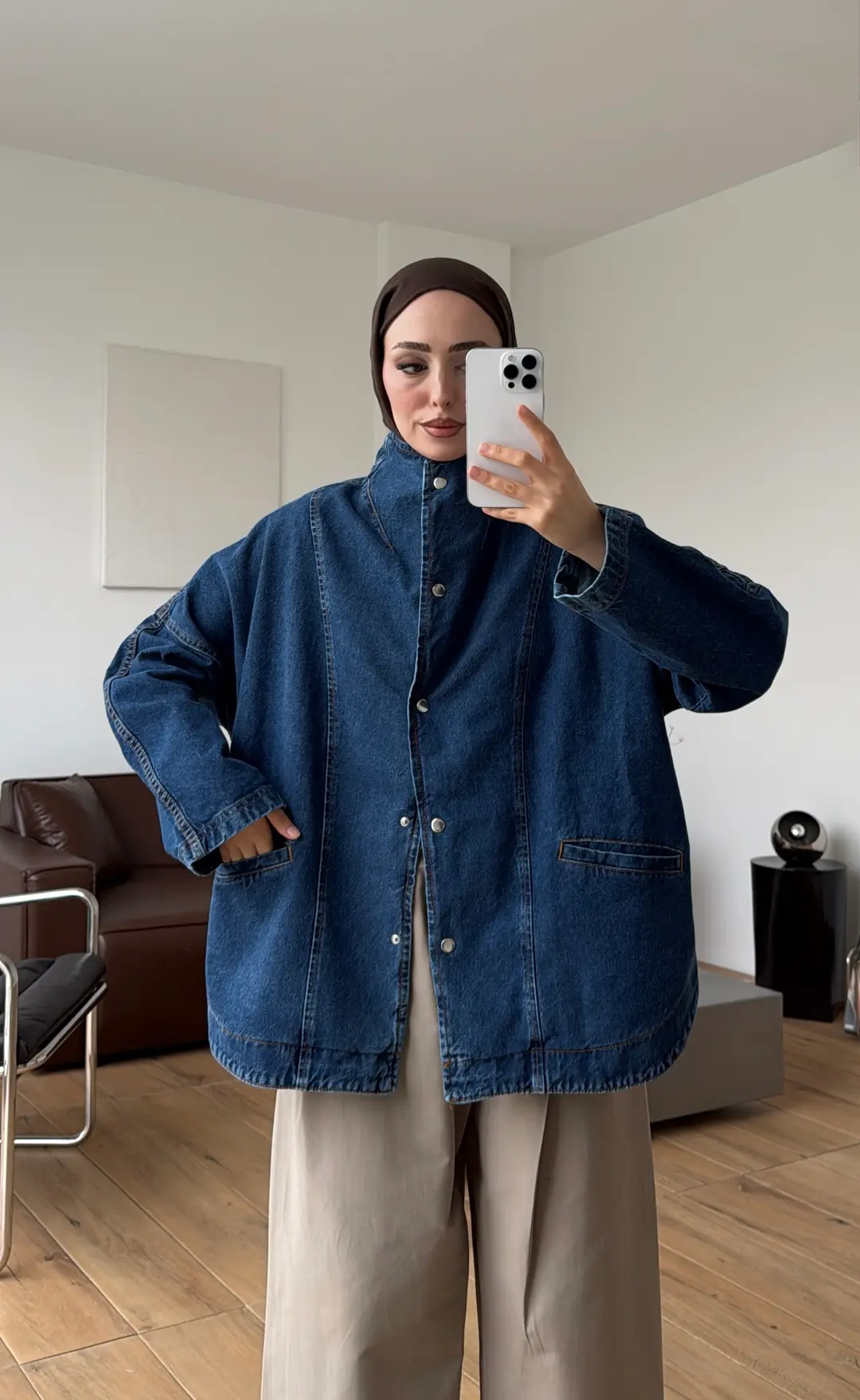 Çıtçıtlı Oversize Dik Yaka Denim Ceket