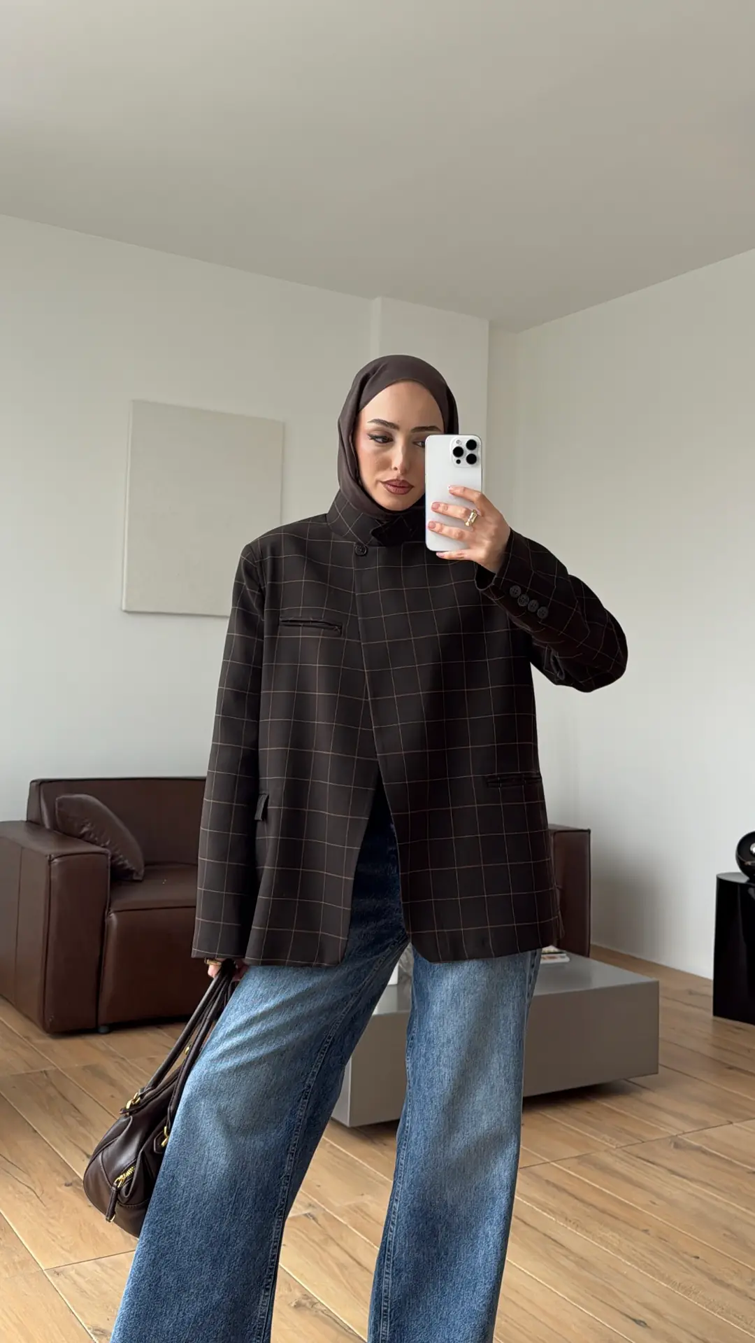 Dik Yakalı Ekose Blazer Ceket Kahve
