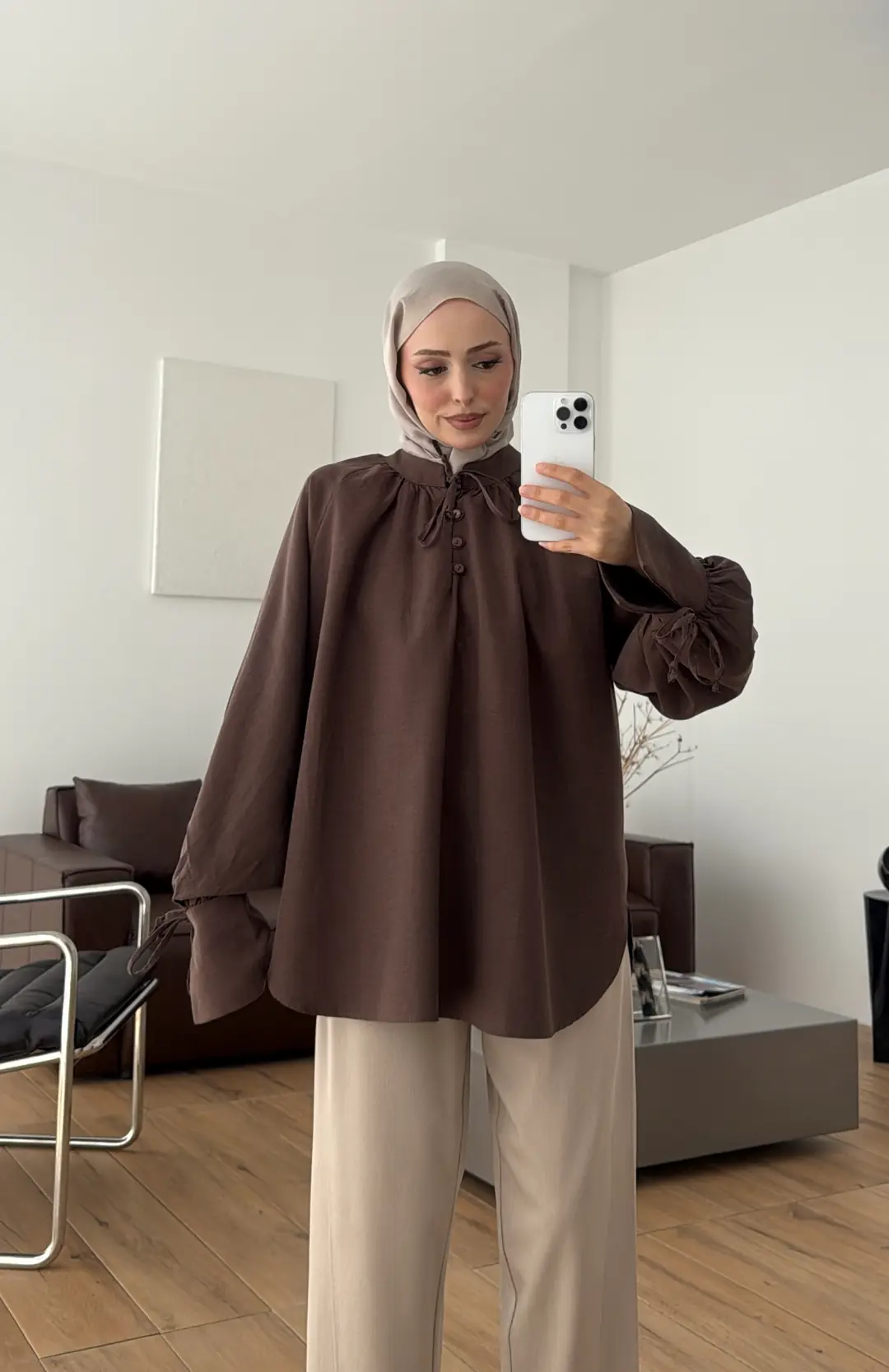 Bağcık Detay Bluz Kahve