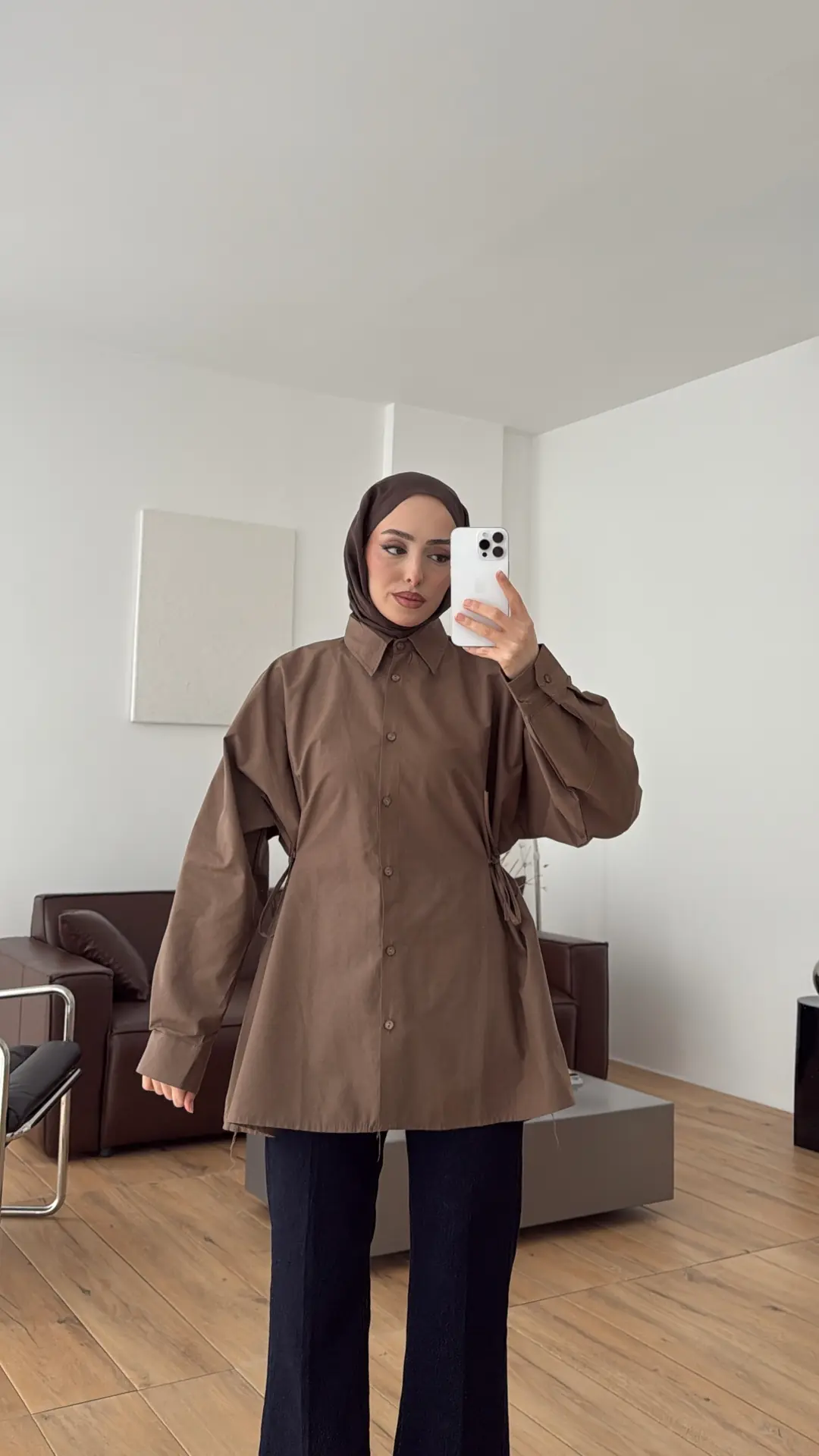 Yandan Bağlamalı Poplin Gömlek Kahve