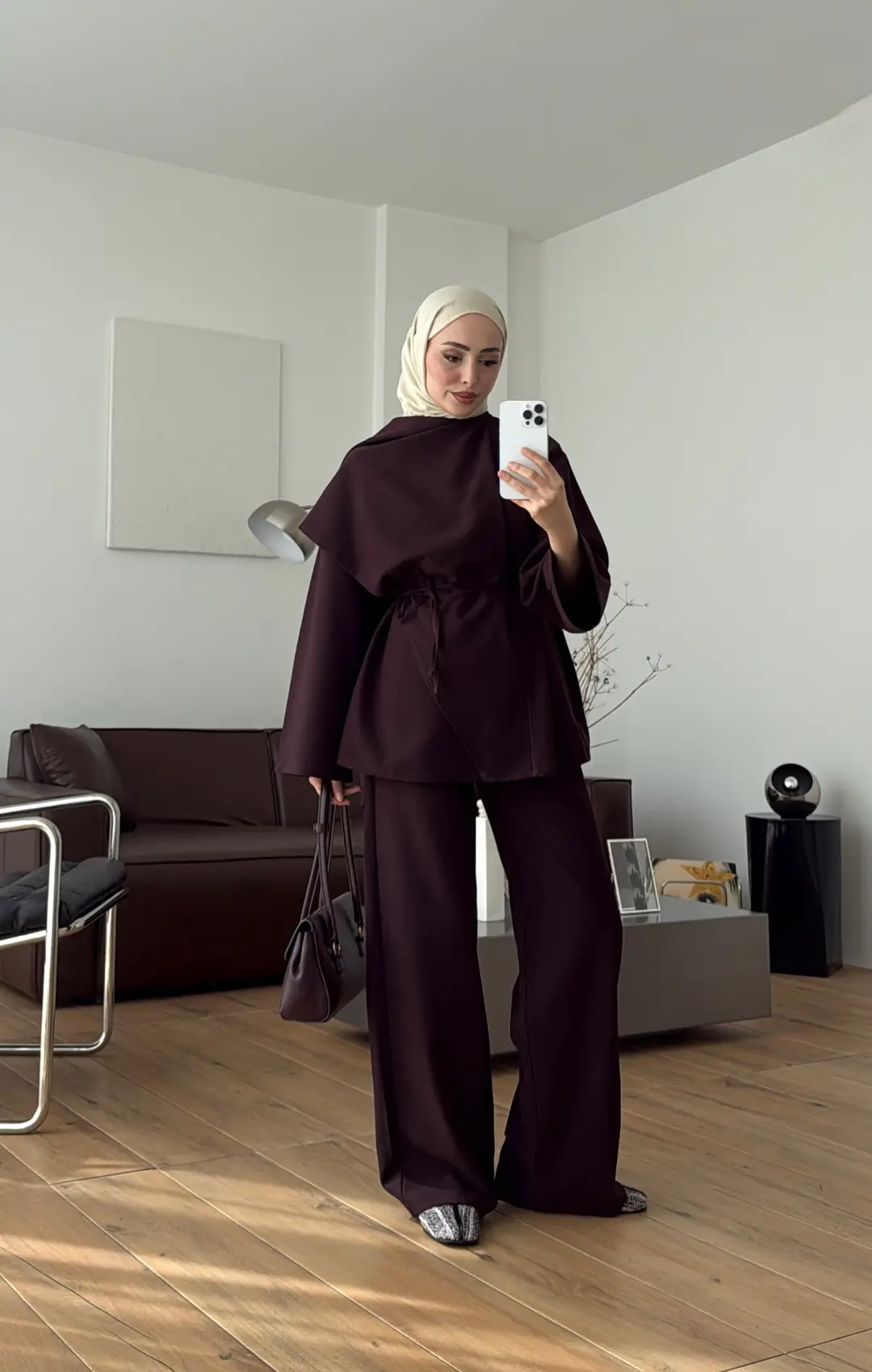 Şal Detay Bluz Pantolon Takım Mürdüm