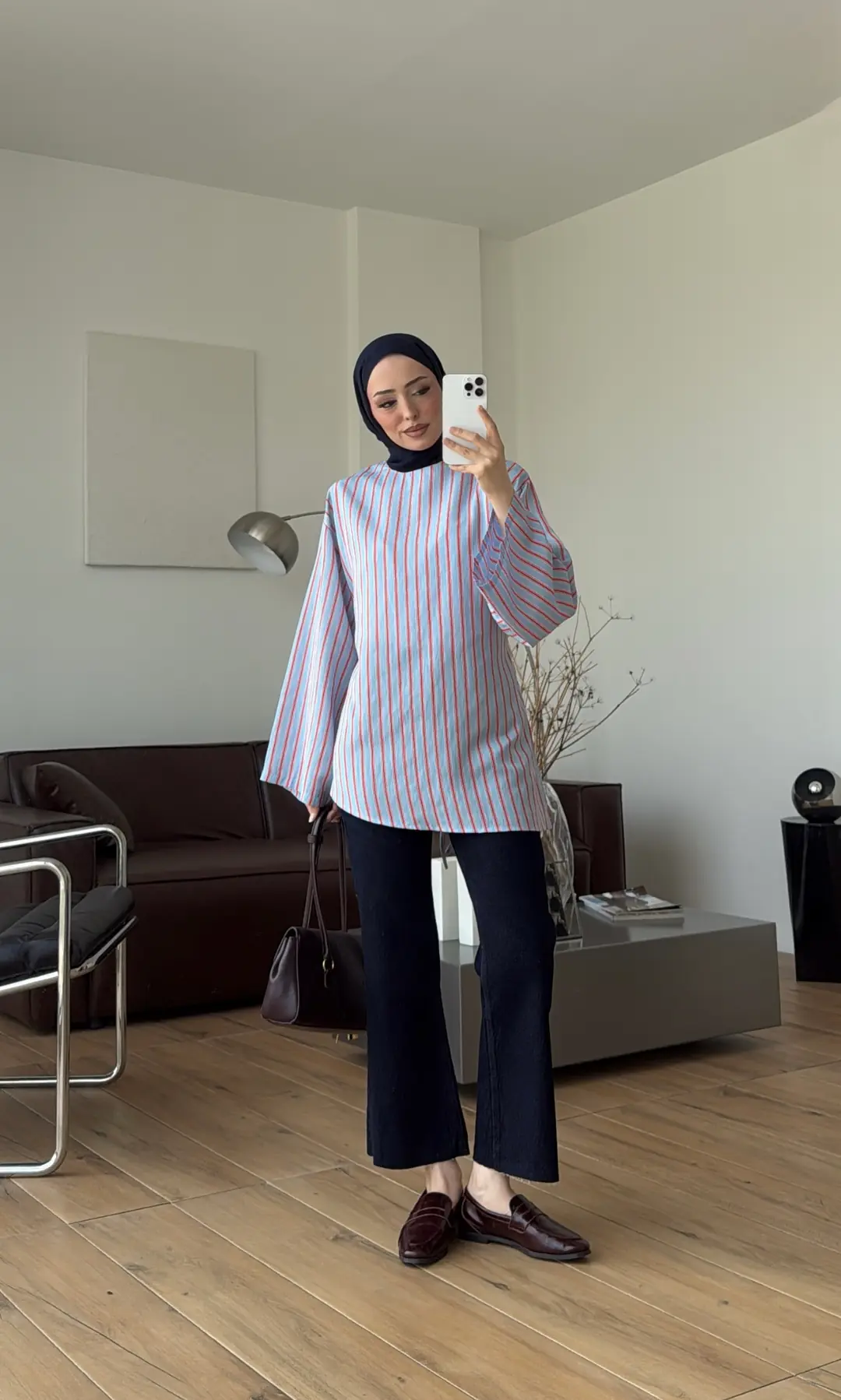 Çizgili Arkadan Bagcıklı Tunik Mavi