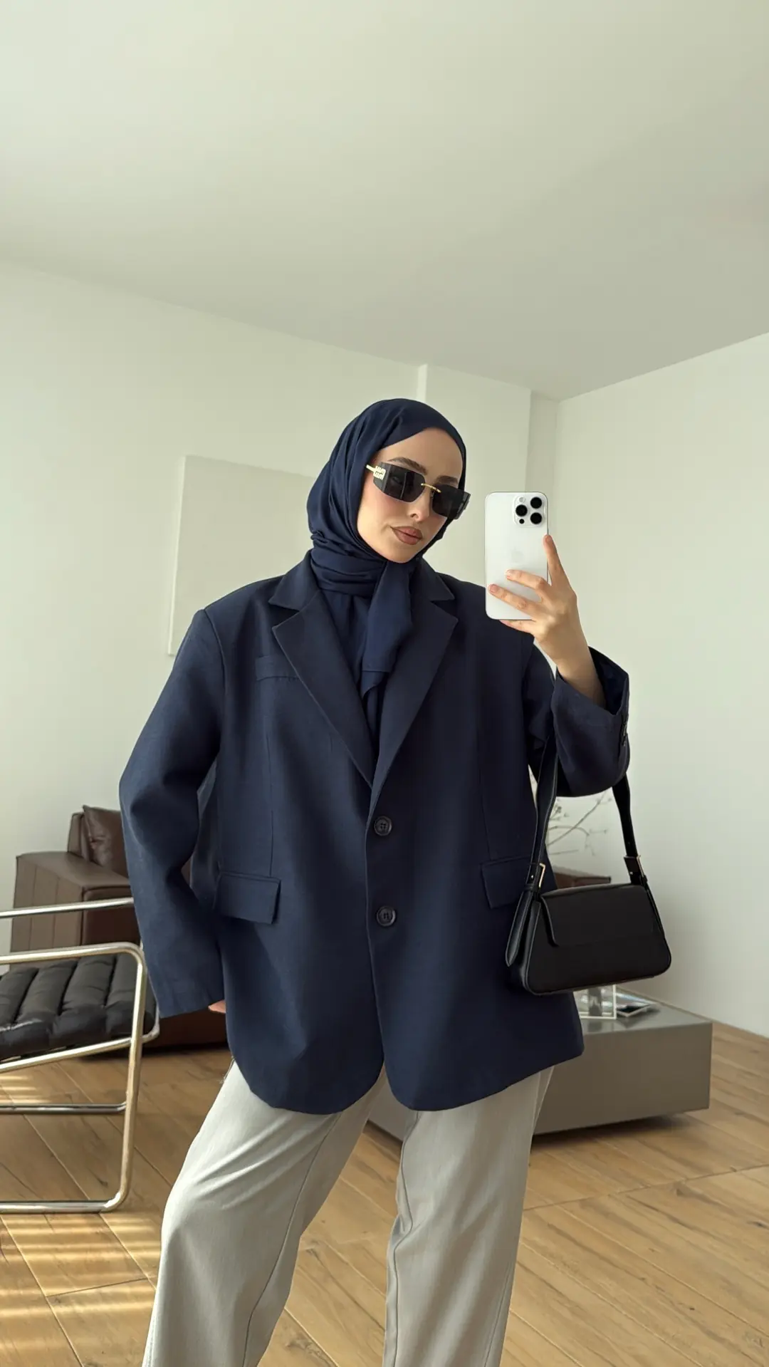 Oversize Keten Ceket Lacivert 