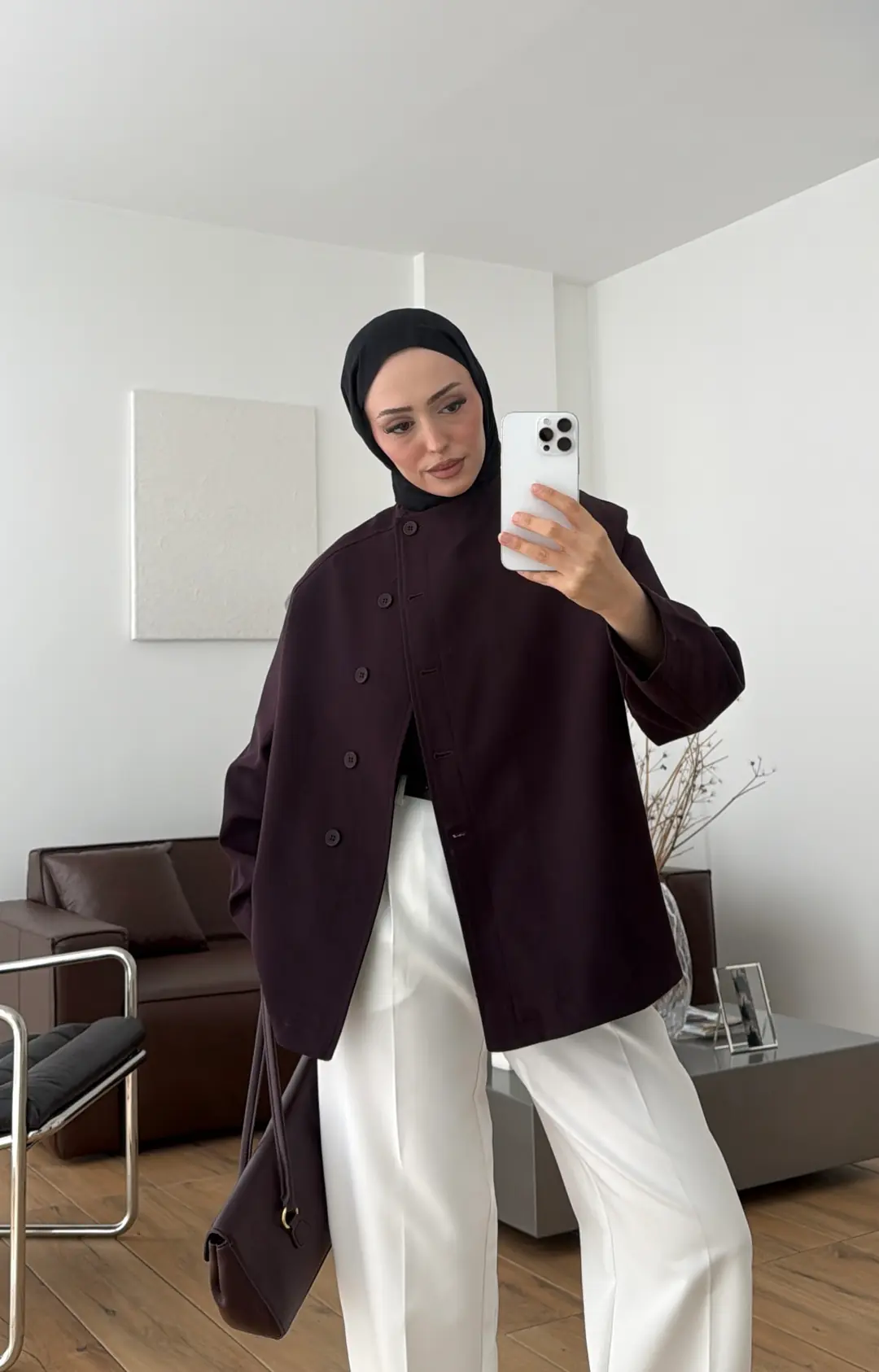 Bağcıklı Dik Yaka Ceket Mürdüm