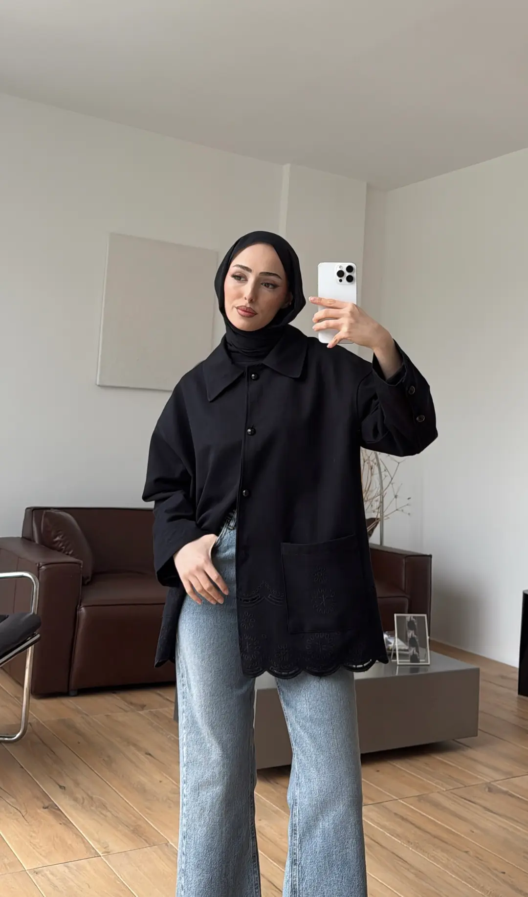 Nakışlı Cepli Gabardin Ceket Siyah