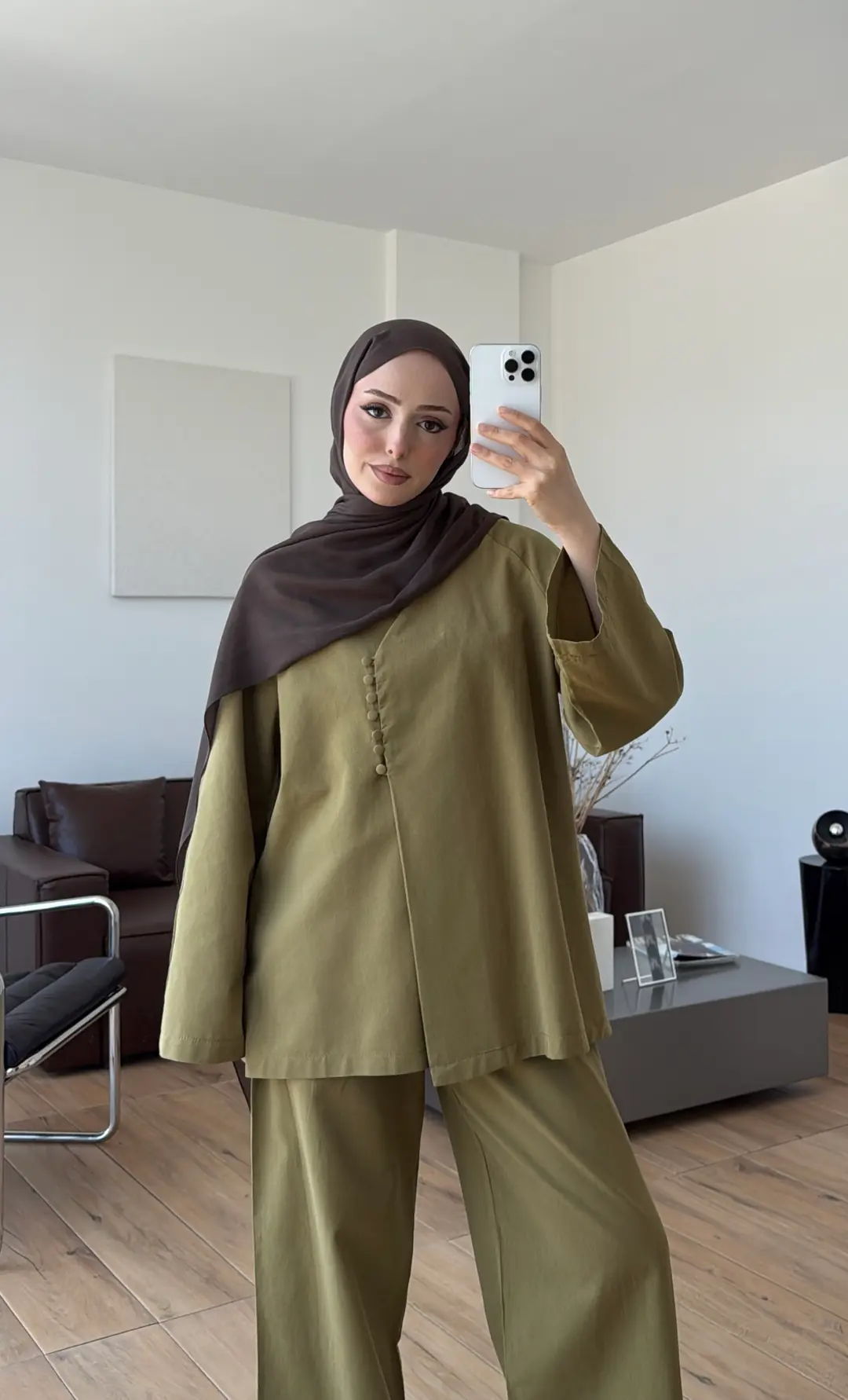 Sık Düğmeli Keten Takım Olive