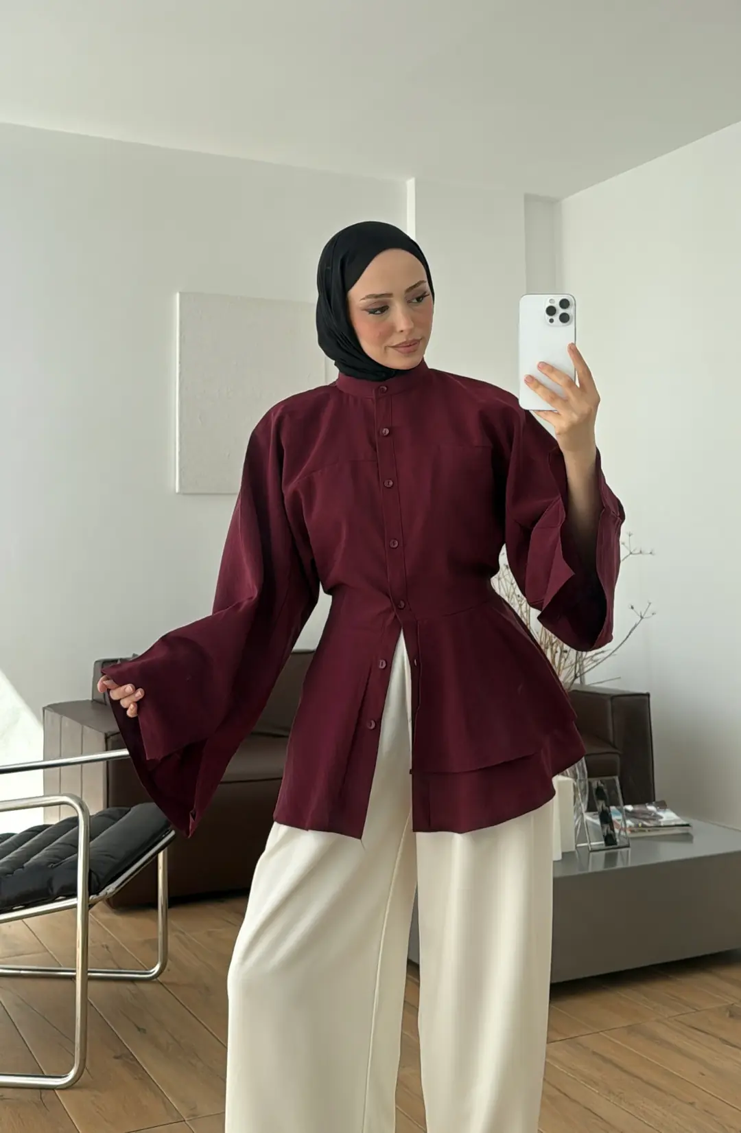Parçalı Geniş Kol Bluz Bordo