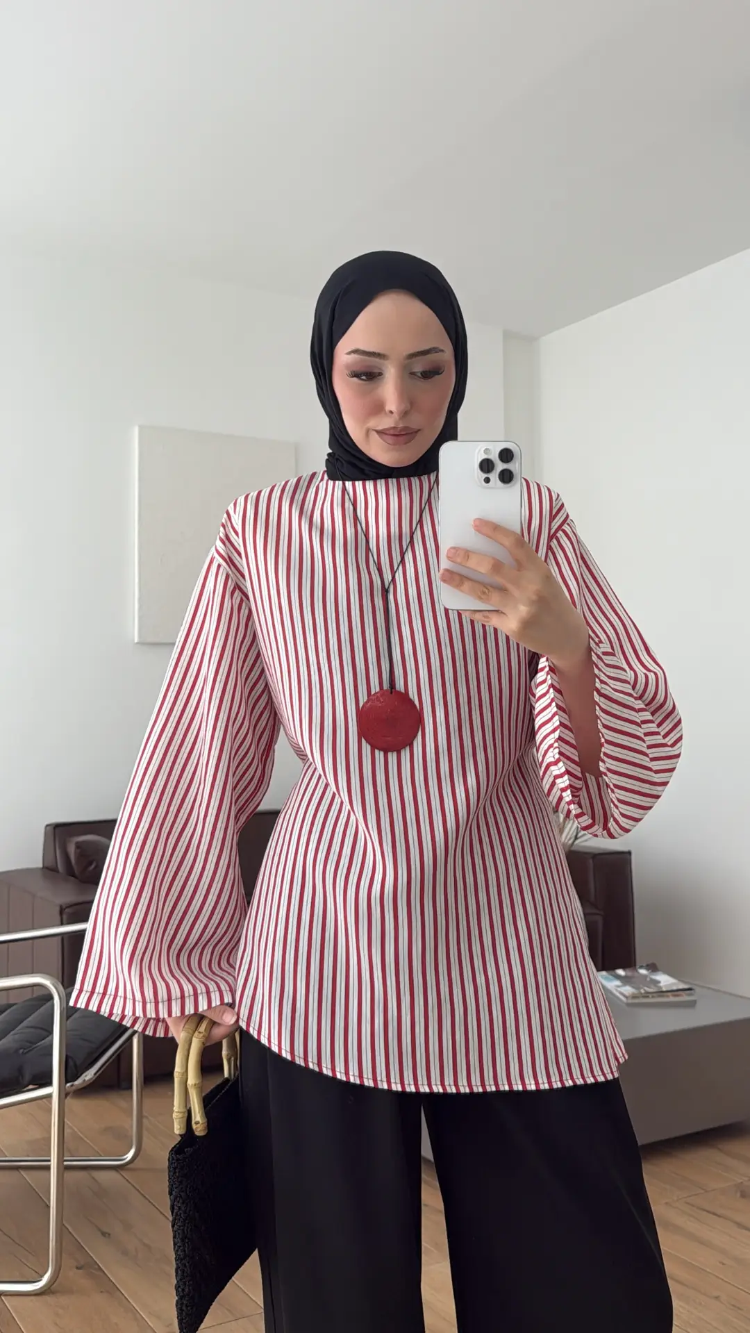 Çizgili Arkadan Bagcıklı Tunik Beyaz