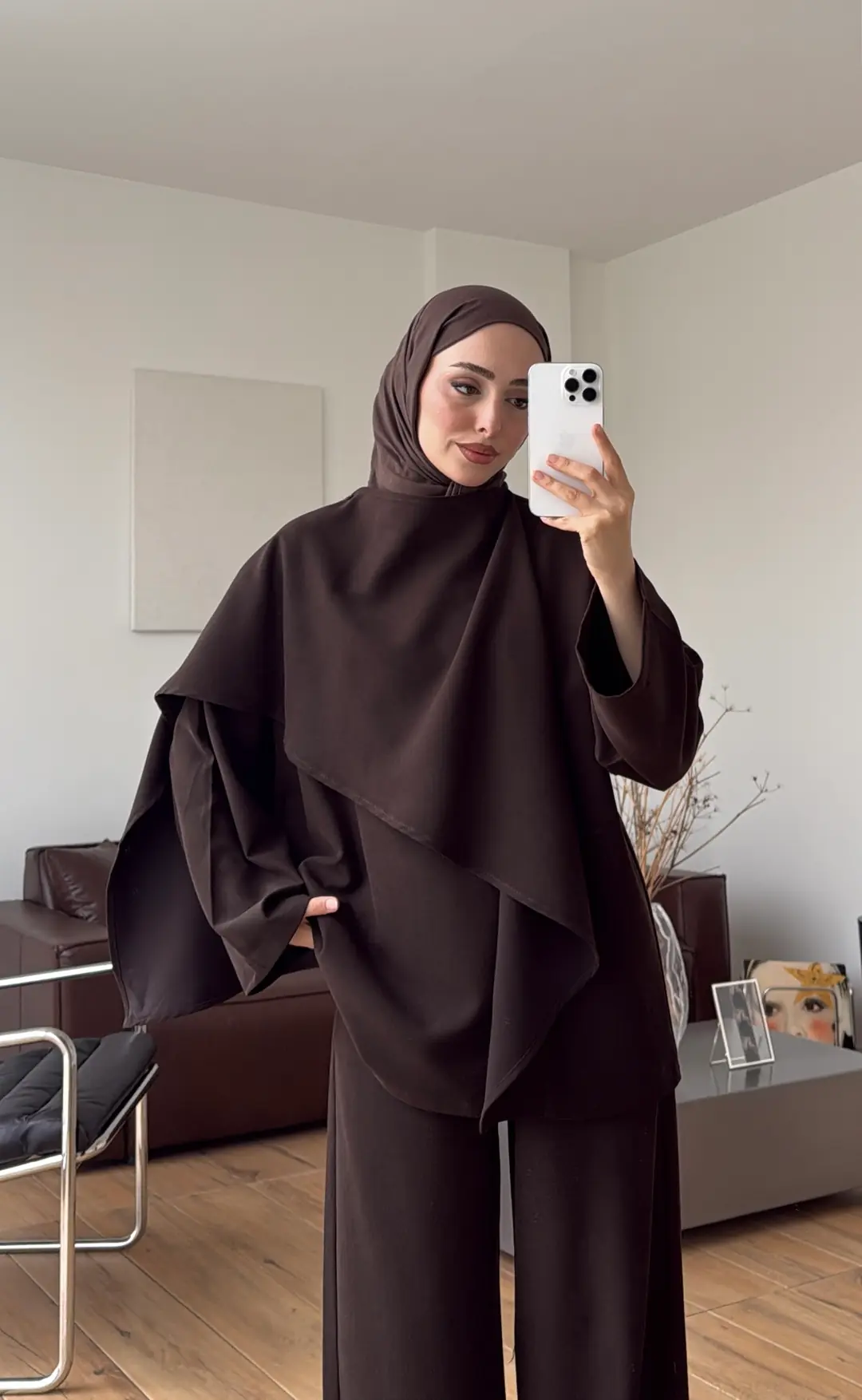  Şal Detay Bluz Pantolon Takım Kahve