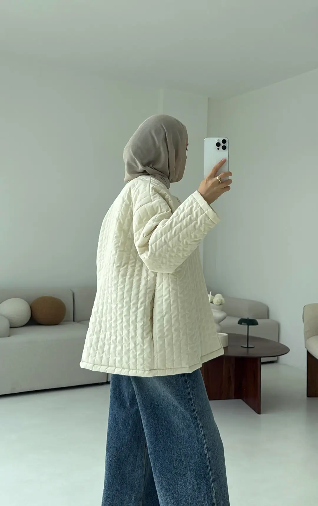 Kapitone Astarlı Ceket Krem