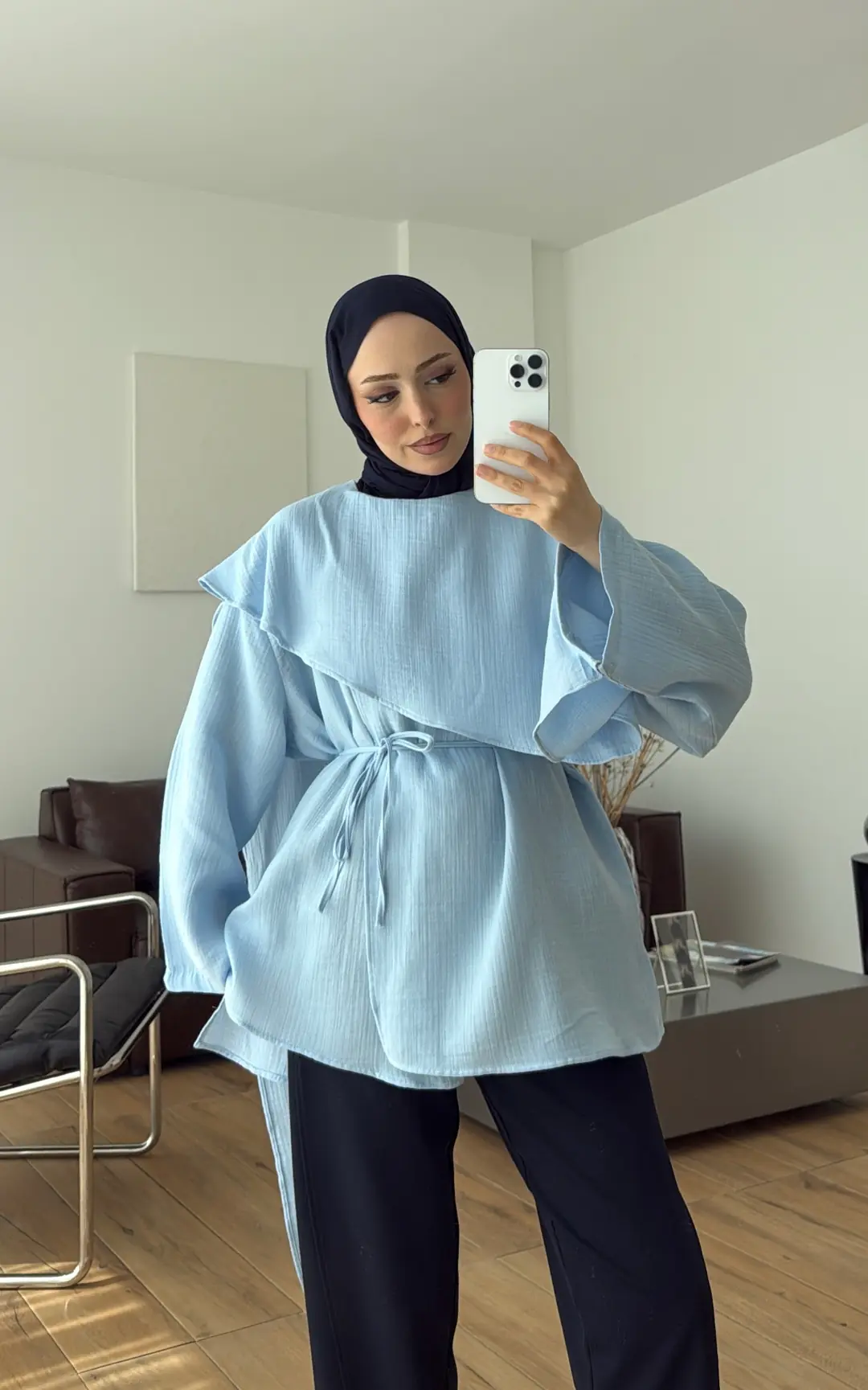 Şal Detaylı Müslin Bluz Mavi