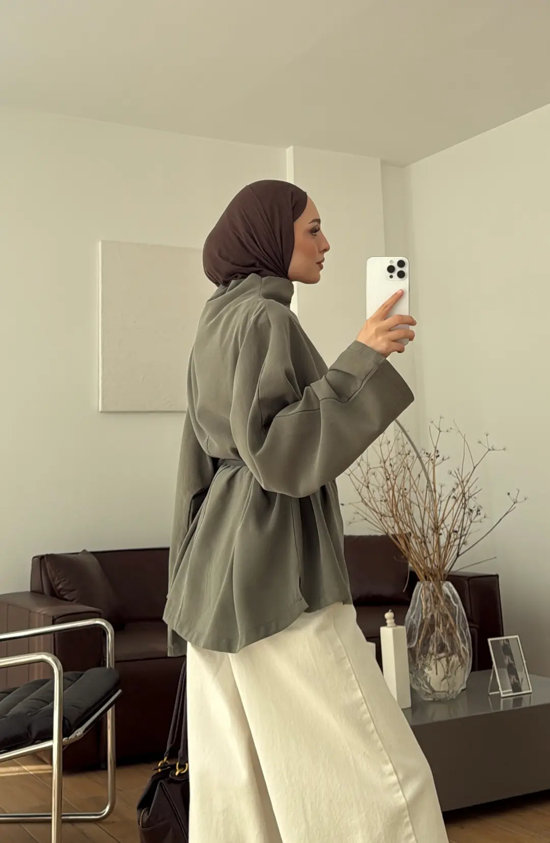 Kemerli Degaje Yaka Modal Bluz Haki