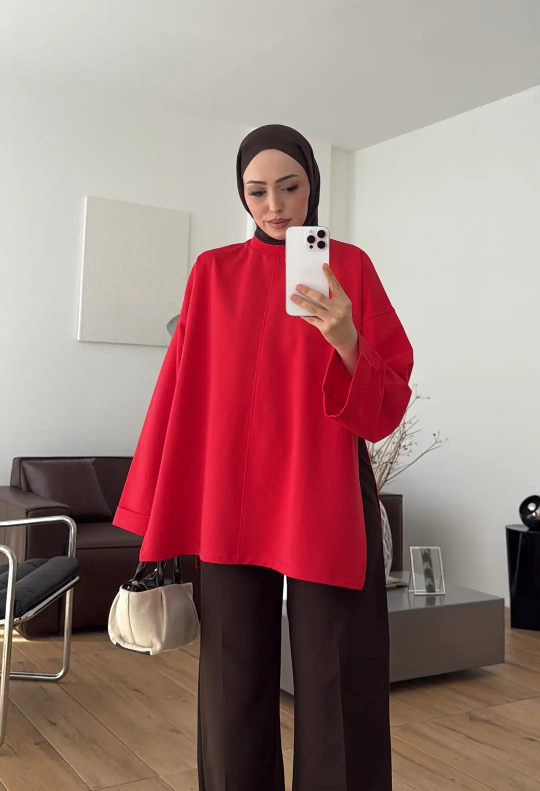 Bağlamalı Yanı Yırtmaç Detay Sweatshırt Kırmızı