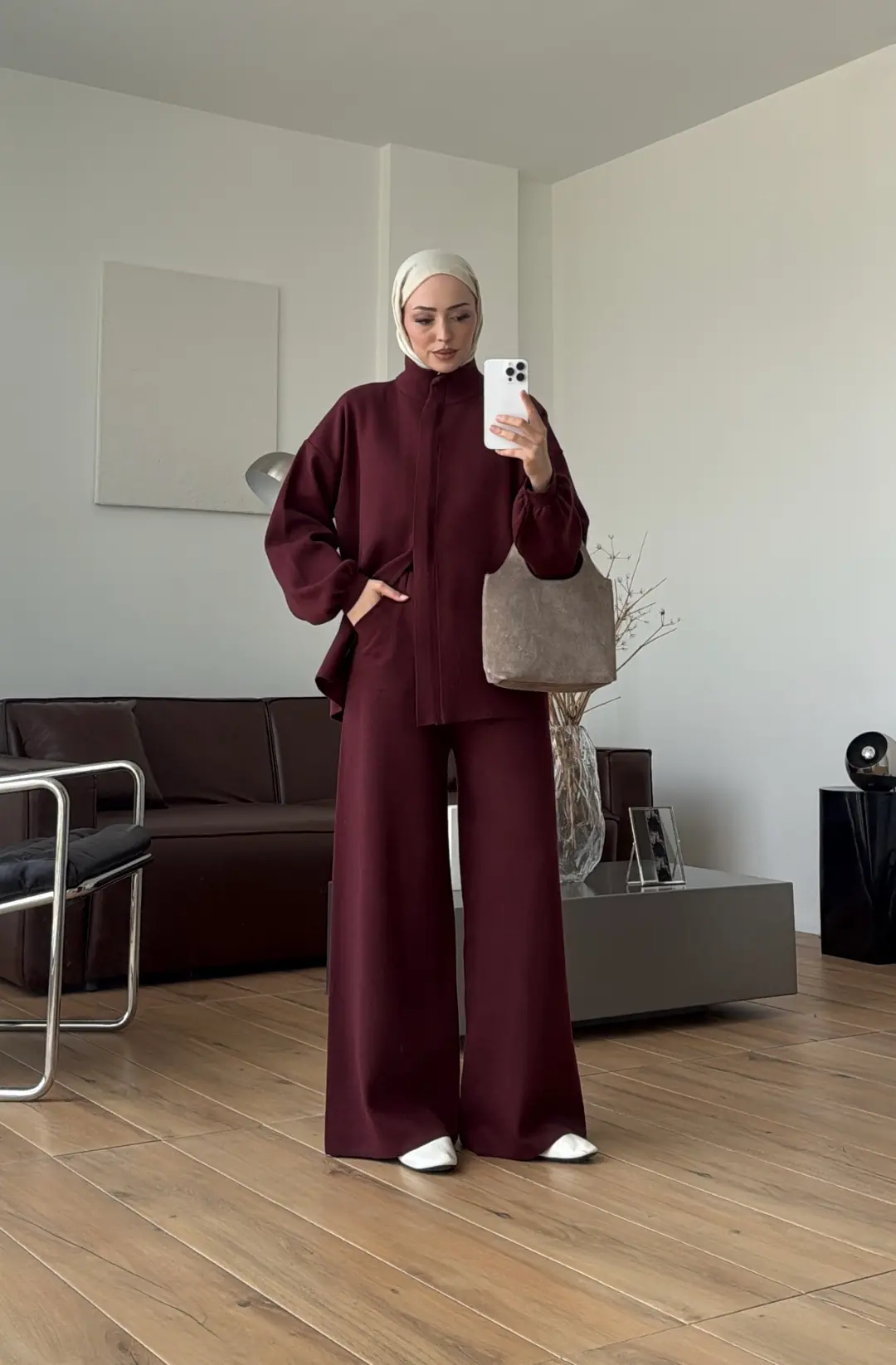 Çift Fermuarlı Tok Kumaş Triko Takım Bordo
