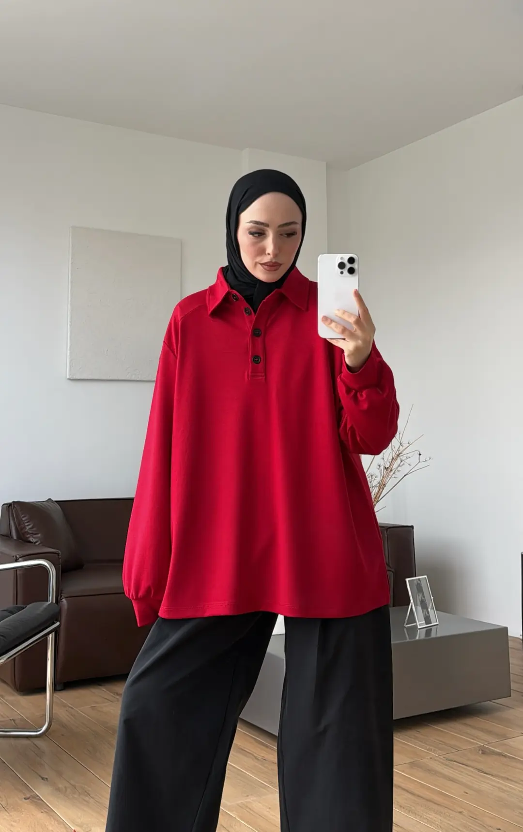 Vatkalı Polo Yaka Bluz Kırmızı