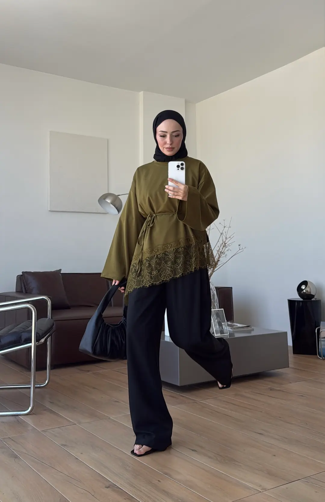 Eteği Dantel Detay Sweat Olive