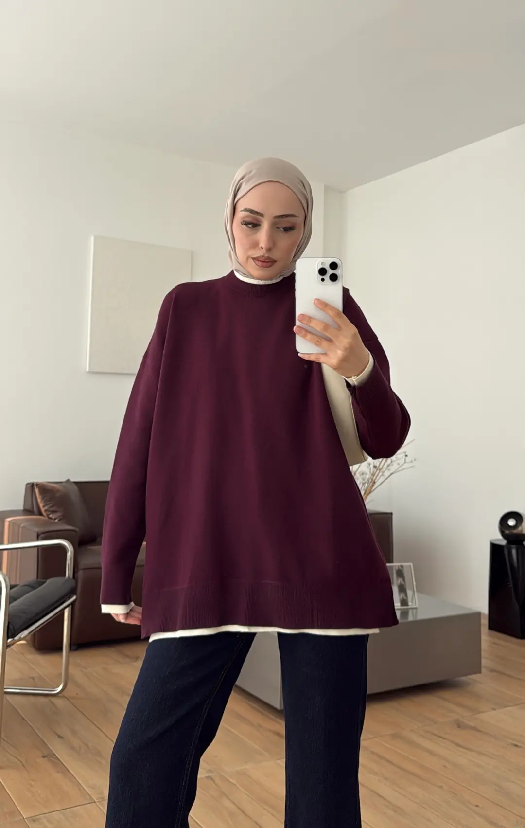 Kontrast Geçişli Triko Kazak Mürdüm