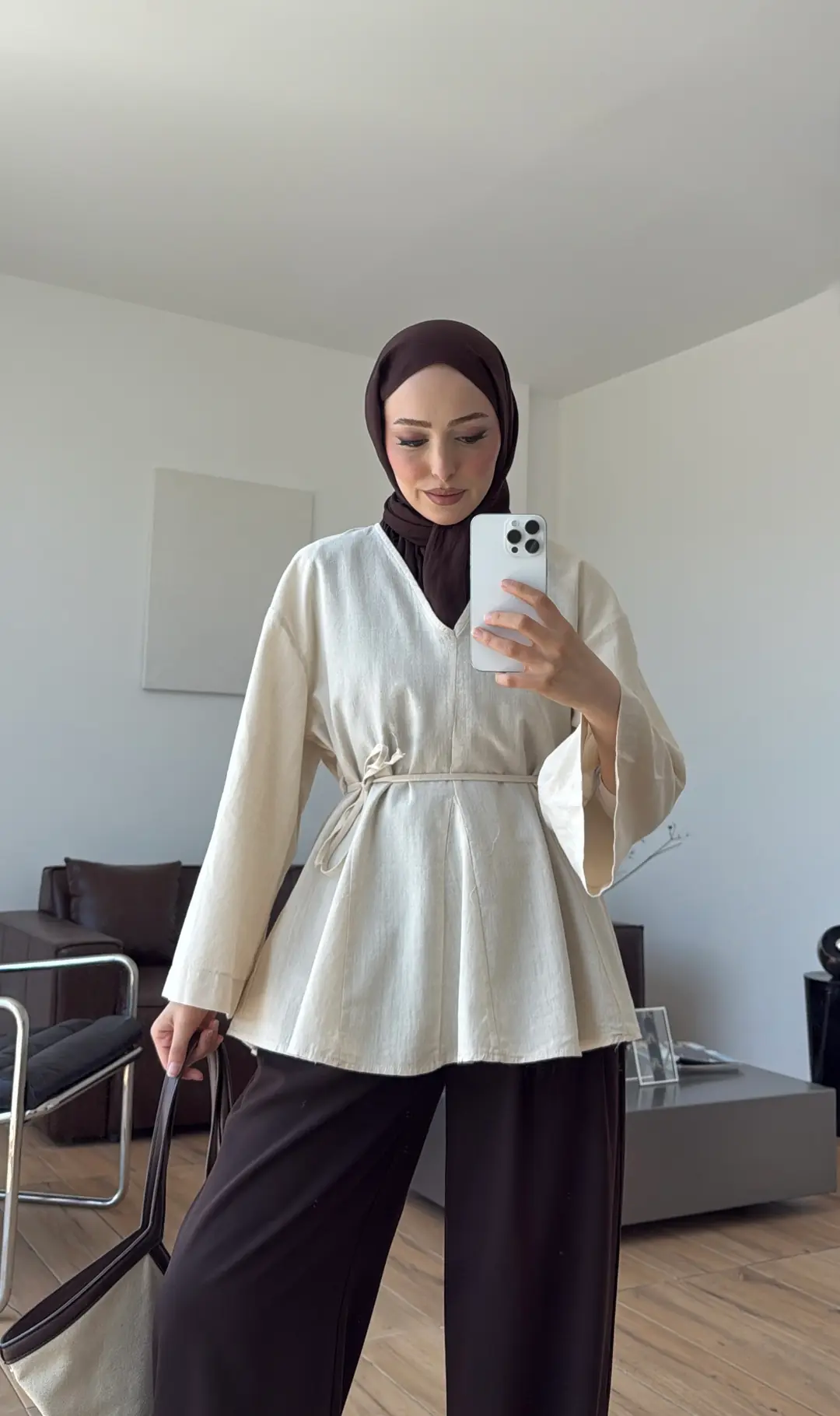 Volanlı Belden İpli Tunik Naturel