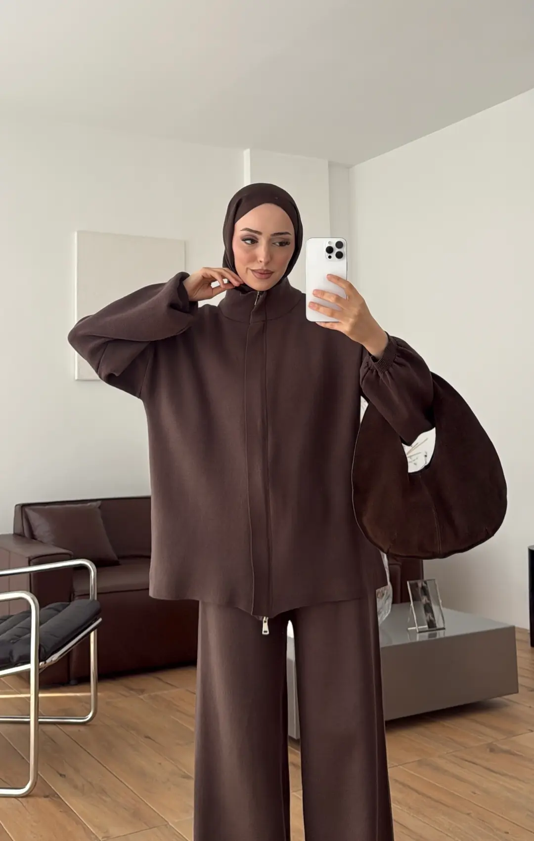 Çift Fermuarlı Tok Kumaş Triko Takım Kahve