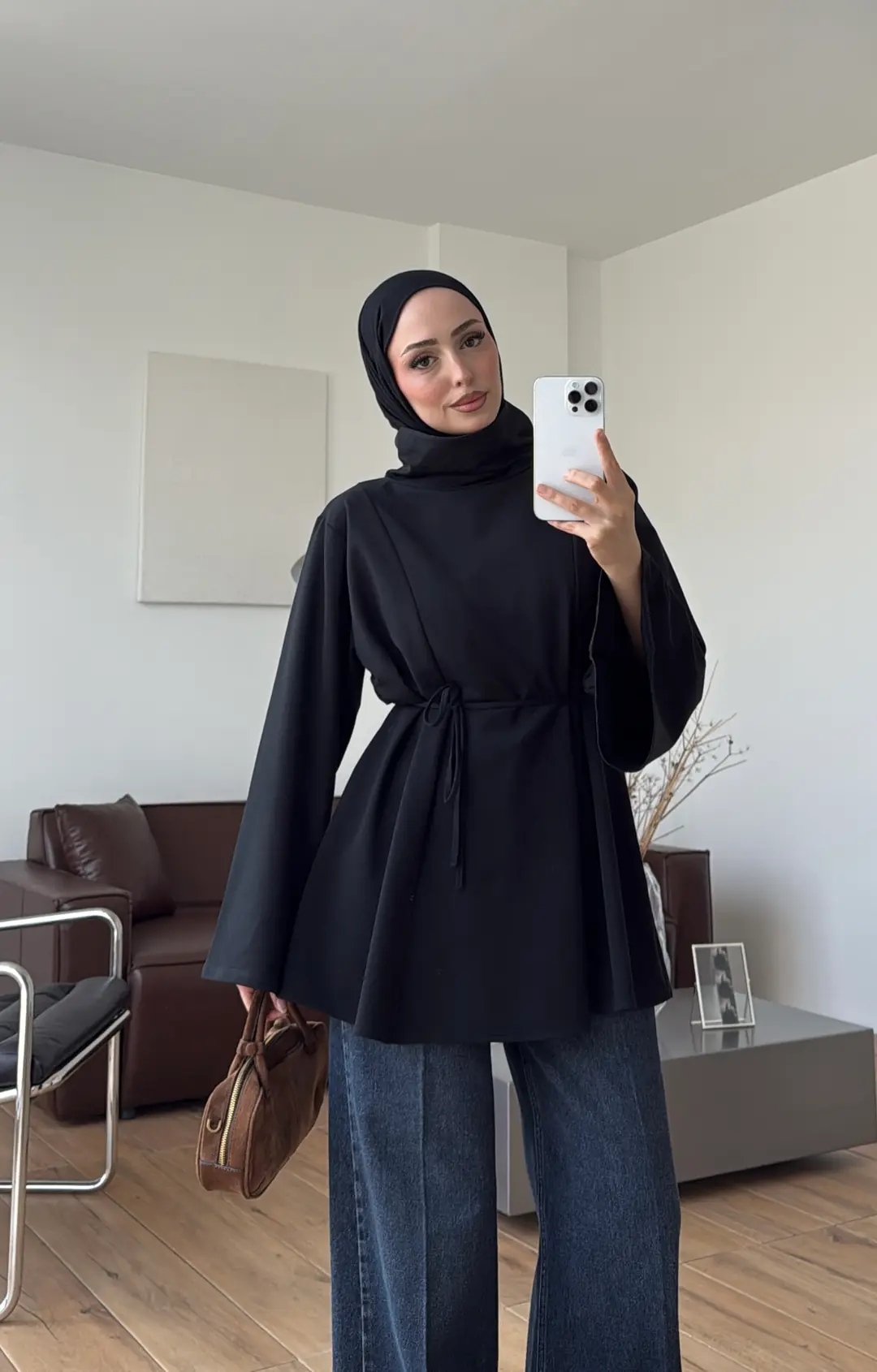 Bel Bağlamalı Dik Yaka Tunik Siyah