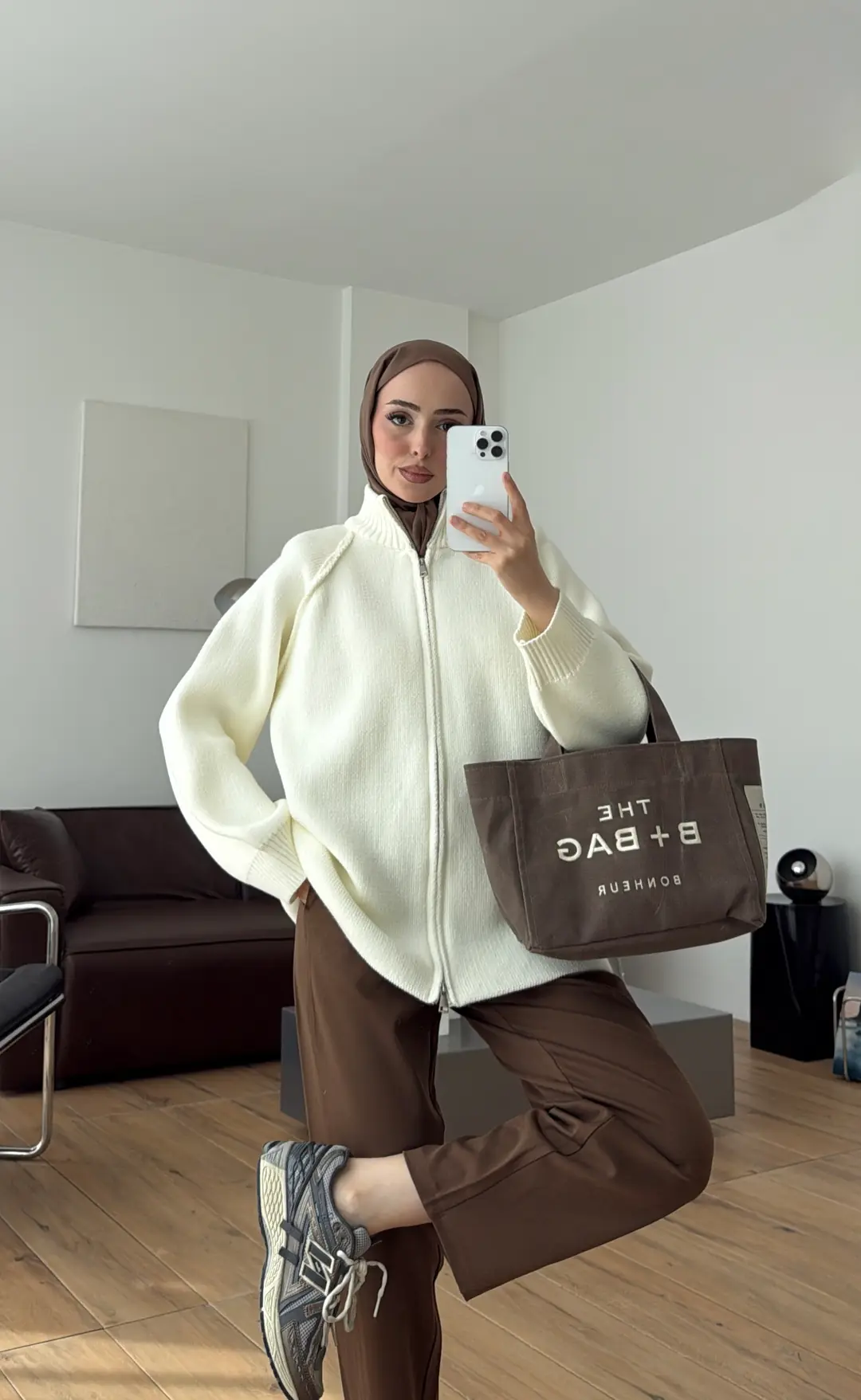 Çift Fermuarlı Triko Hırka Ekru