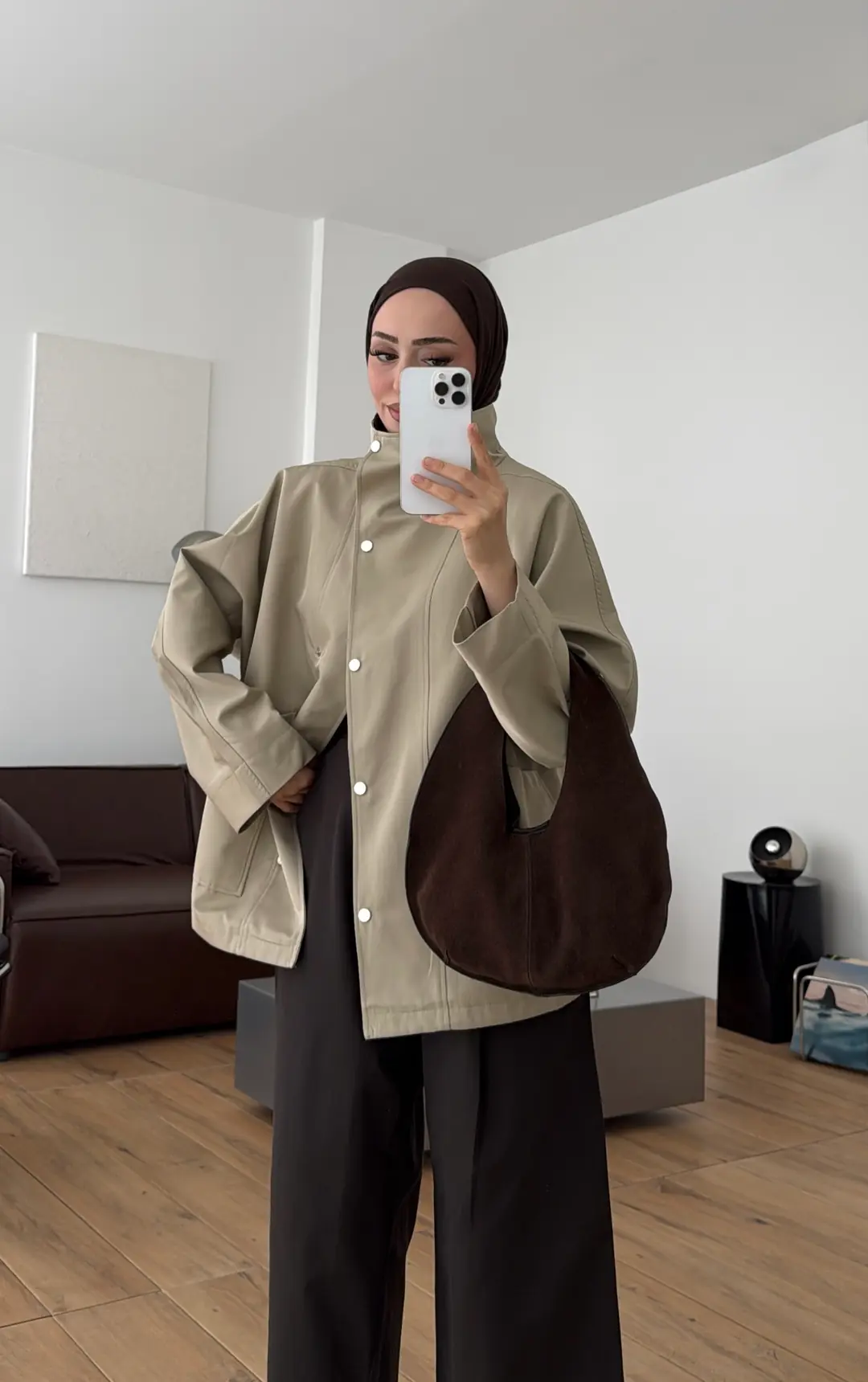 Çıtçıtlı Cep Detay Trenç Koyu Bej