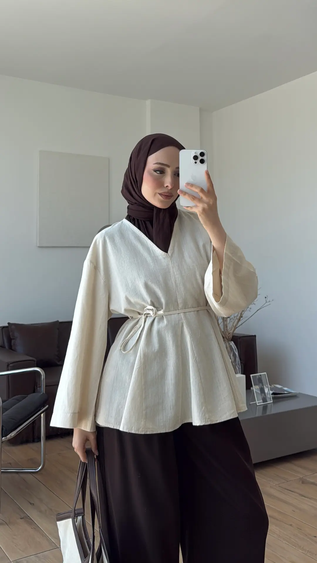 Volanlı Belden İpli Tunik Naturel