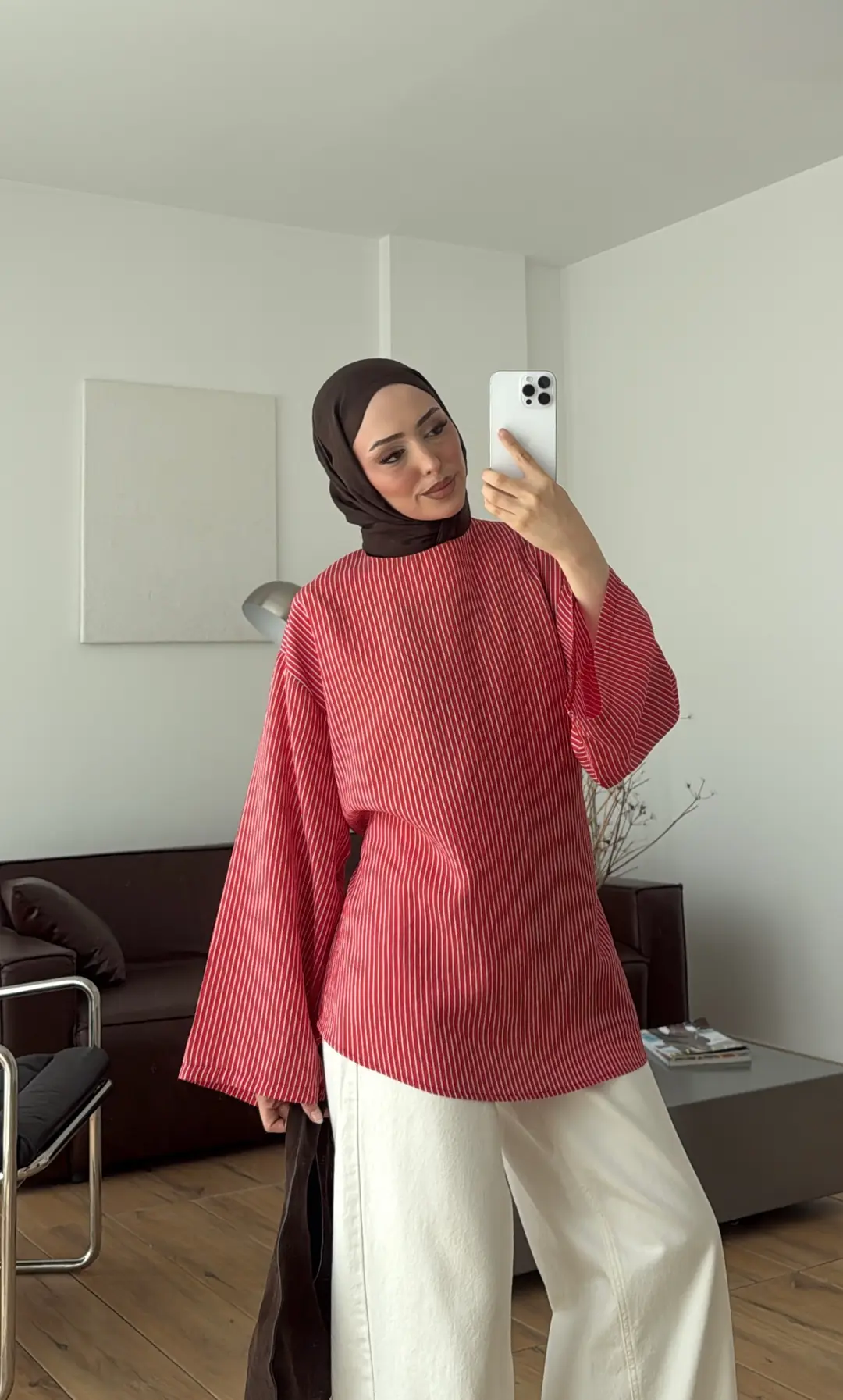 Çizgili Arkadan Bagcıklı Tunik Kırmızı