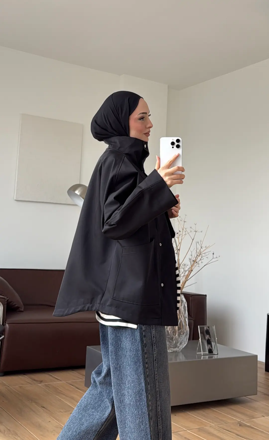 Çıtçıtlı Cep Detay Trenç Siyah