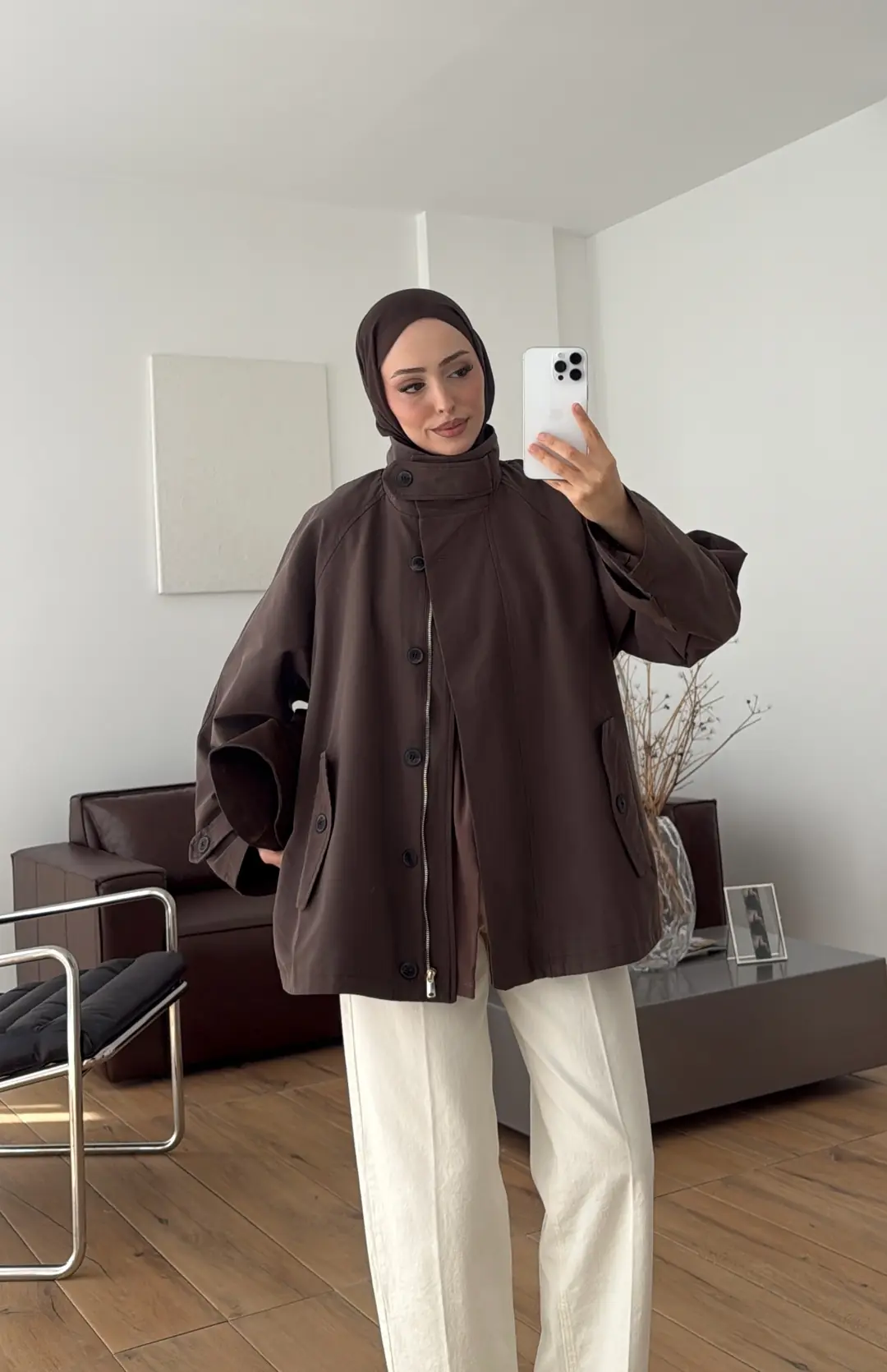 Minimal Yakalı Trençkot Kahve