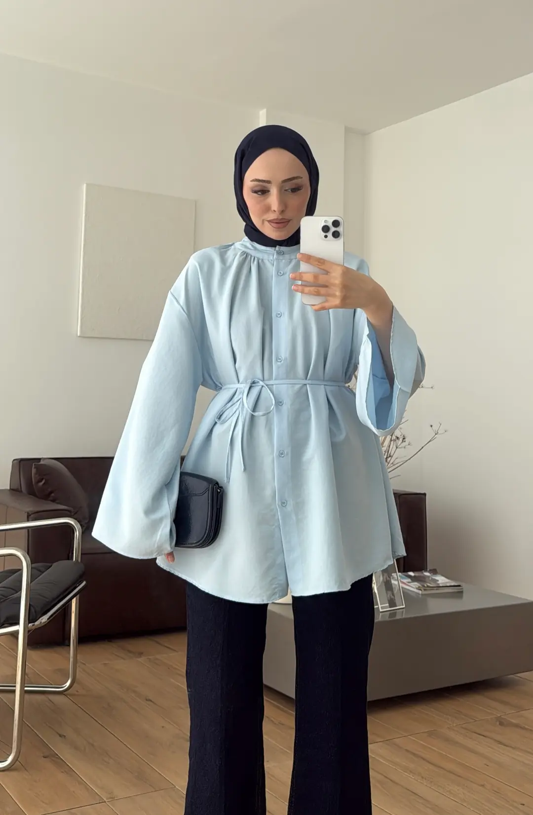 Büzgülü Bel Bağlamalı Gömlek Mavi