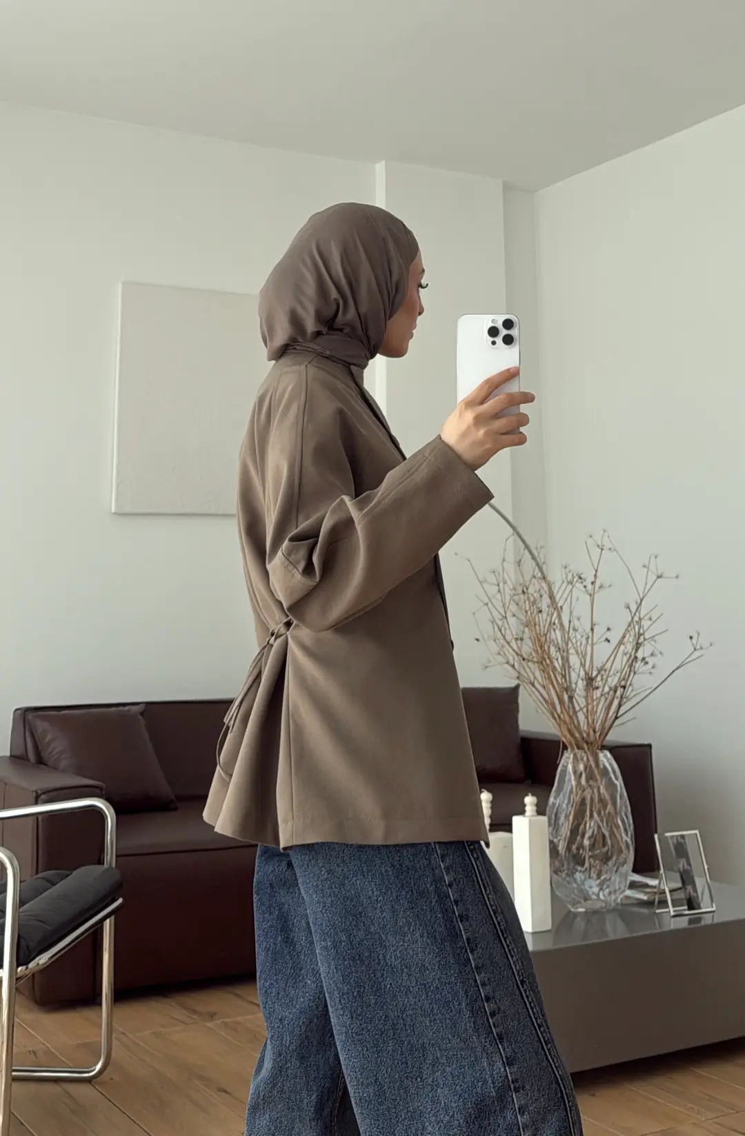 Bağcıklı Dik Yaka Ceket Vizon