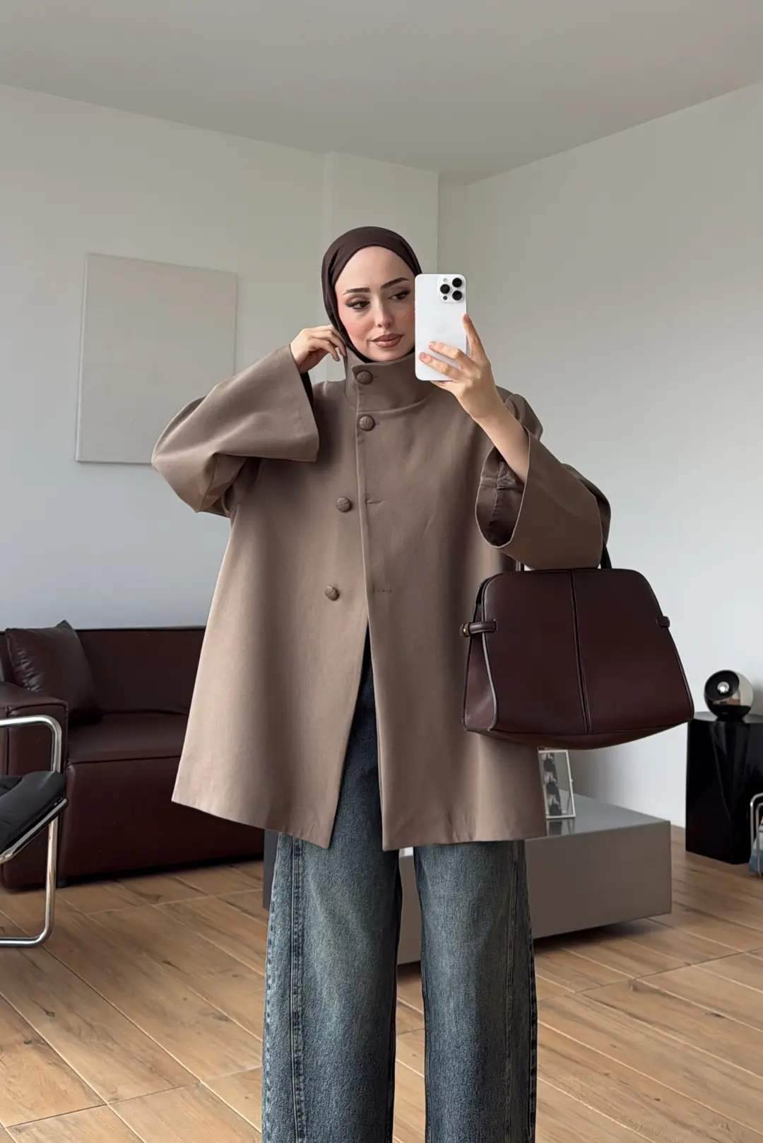 Geniş Kol Kuşaklı Ceket Vizon